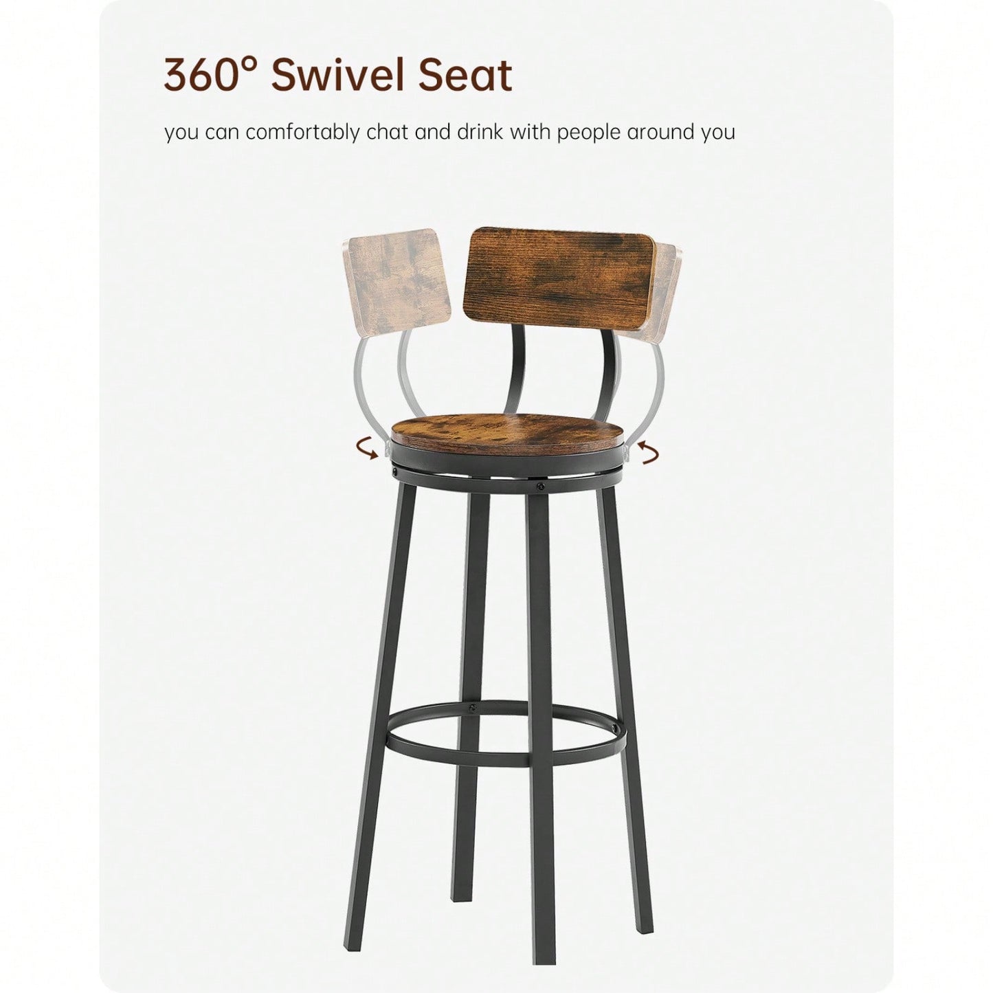Swivel Bar Stool Set Of 2 With Backrest, Industrial Style, Metal Frame, 29.5'' High For Dining Room, Rustic Brown