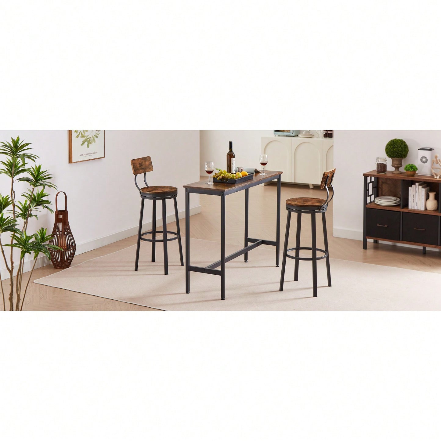 Swivel Bar Stool Set Of 2 With Backrest, Industrial Style, Metal Frame, 29.5'' High For Dining Room, Rustic Brown