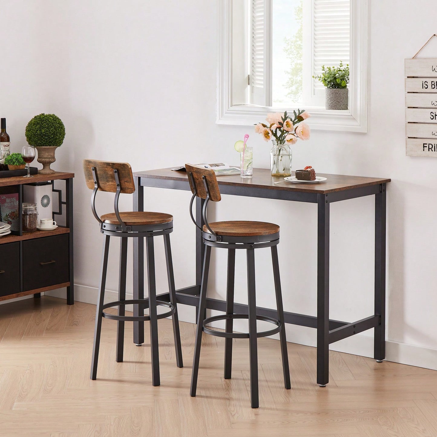 Swivel Bar Stool Set Of 2 With Backrest, Industrial Style, Metal Frame, 29.5'' High For Dining Room, Rustic Brown