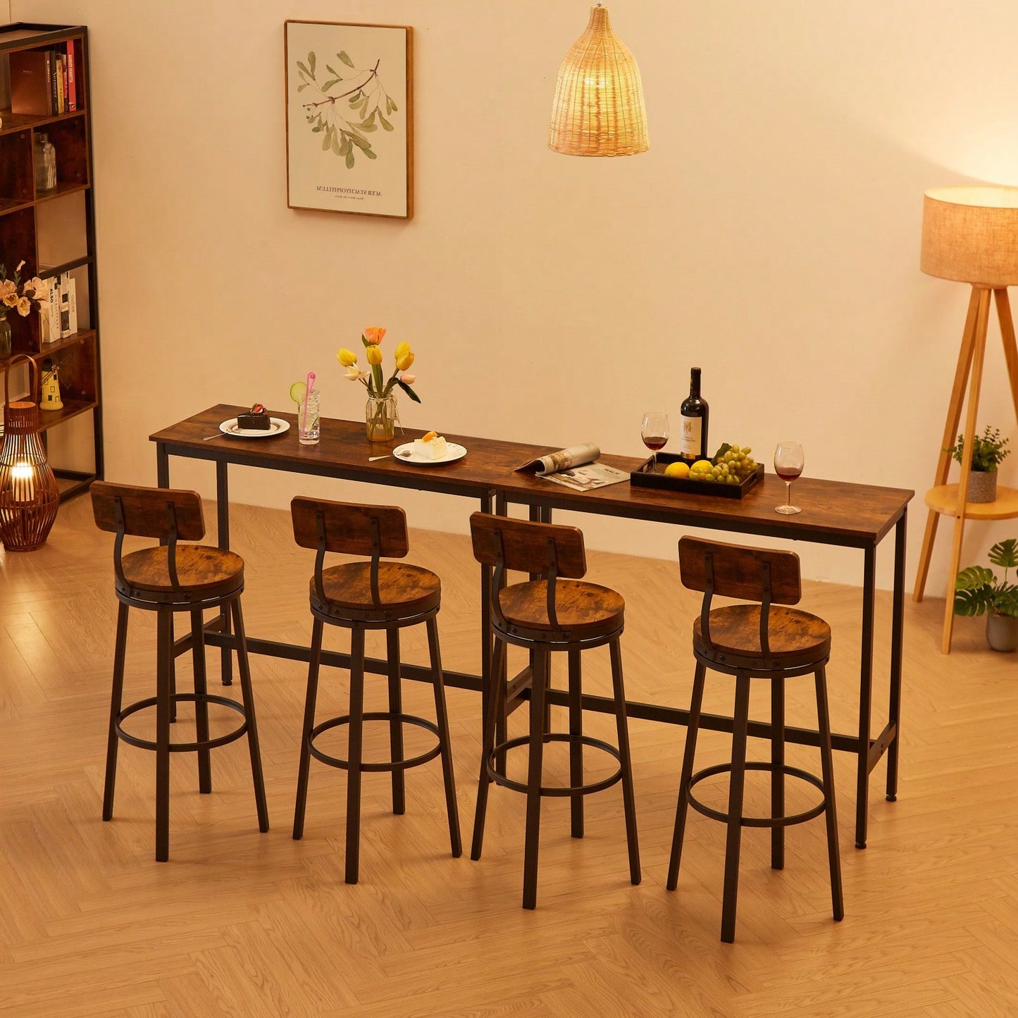 Swivel Bar Stool Set Of 2 With Backrest, Industrial Style, Metal Frame, 29.5'' High For Dining Room, Rustic Brown