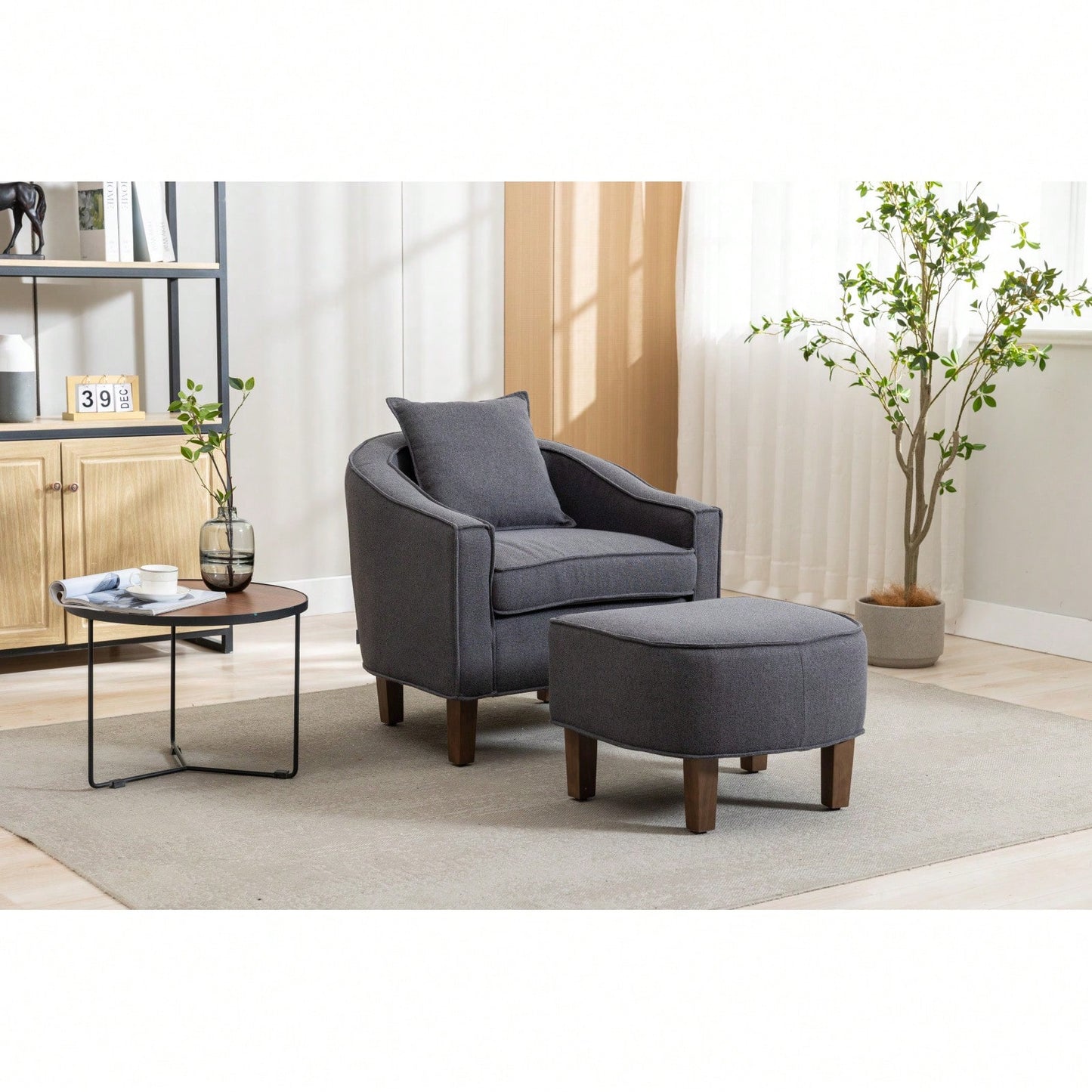 Mid Century Modern Accent Chair with Ottoman Stylish Upholstered Barrel Club Chair Easy Assembly Sturdy Wood Frame Plush Foam Padding