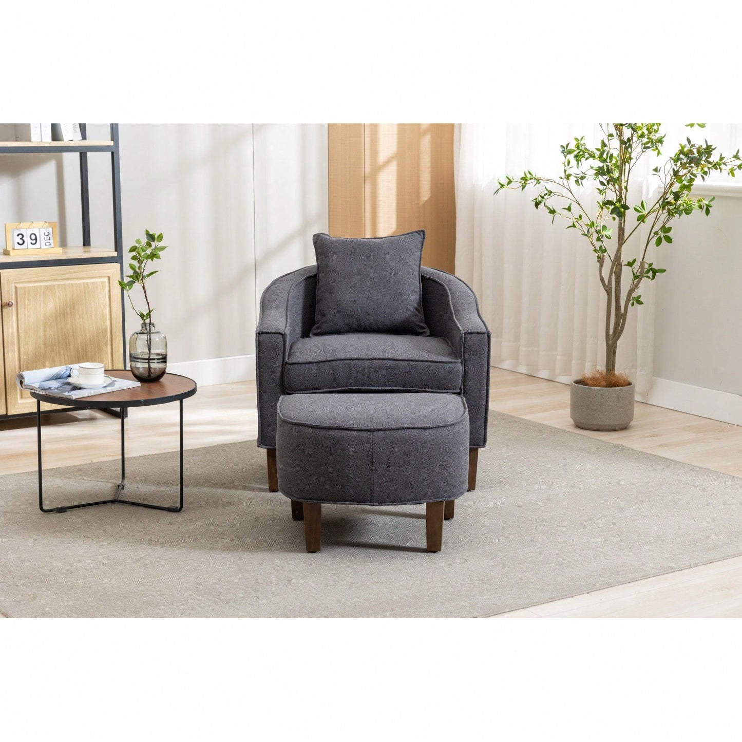 Mid Century Modern Accent Chair with Ottoman Stylish Upholstered Barrel Club Chair Easy Assembly Sturdy Wood Frame Plush Foam Padding