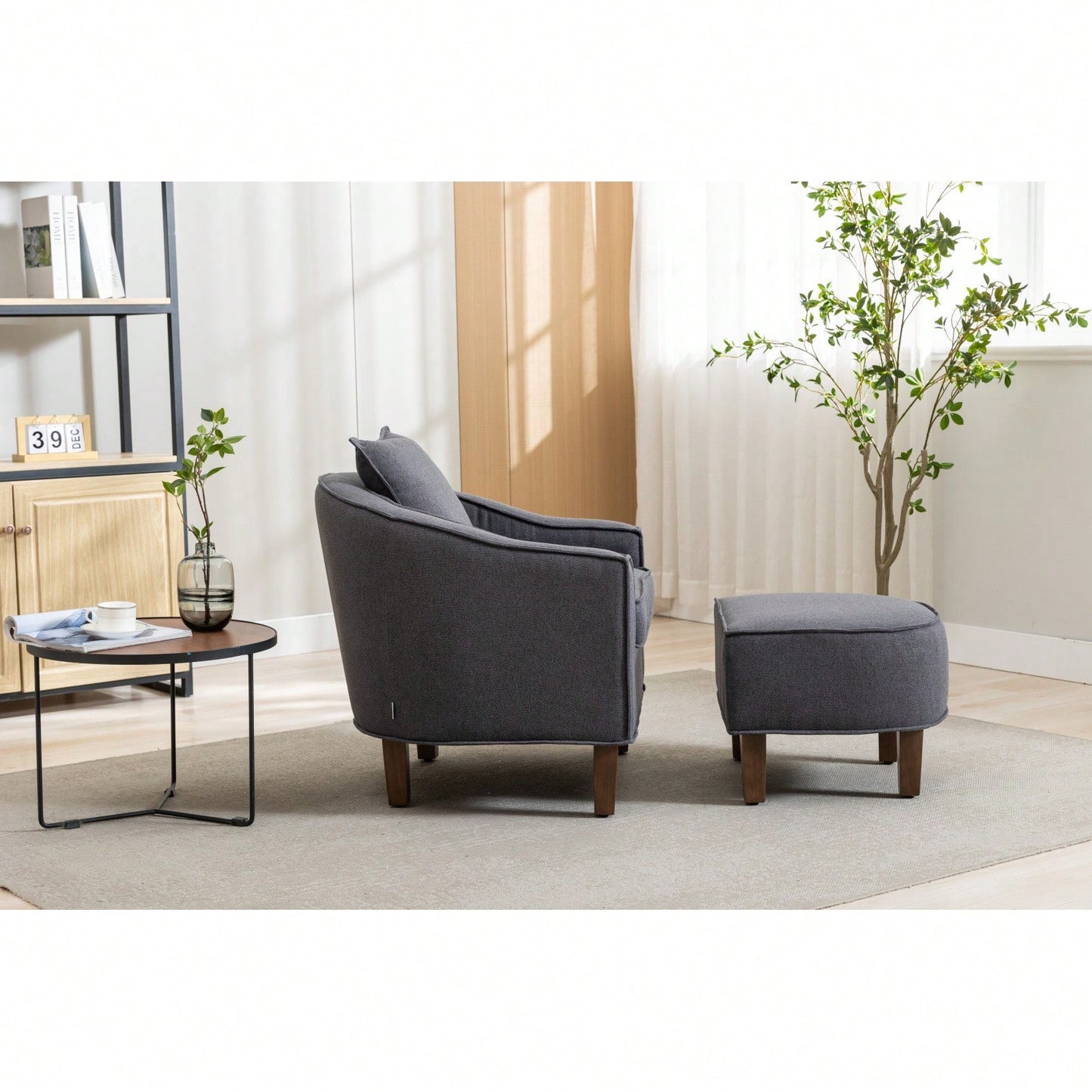 Mid Century Modern Accent Chair with Ottoman Stylish Upholstered Barrel Club Chair Easy Assembly Sturdy Wood Frame Plush Foam Padding