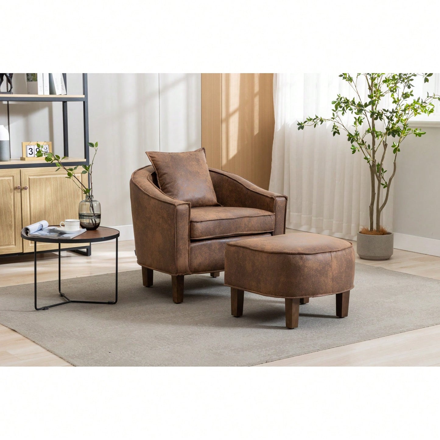 Mid Century Modern Accent Chair with Ottoman Stylish Upholstered Barrel Club Chair Easy Assembly Sturdy Wood Frame Plush Foam Padding