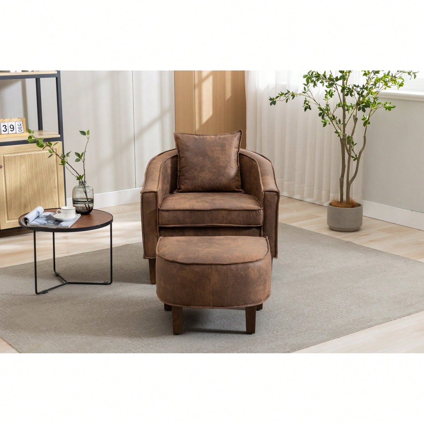 Mid Century Modern Accent Chair with Ottoman Stylish Upholstered Barrel Club Chair Easy Assembly Sturdy Wood Frame Plush Foam Padding