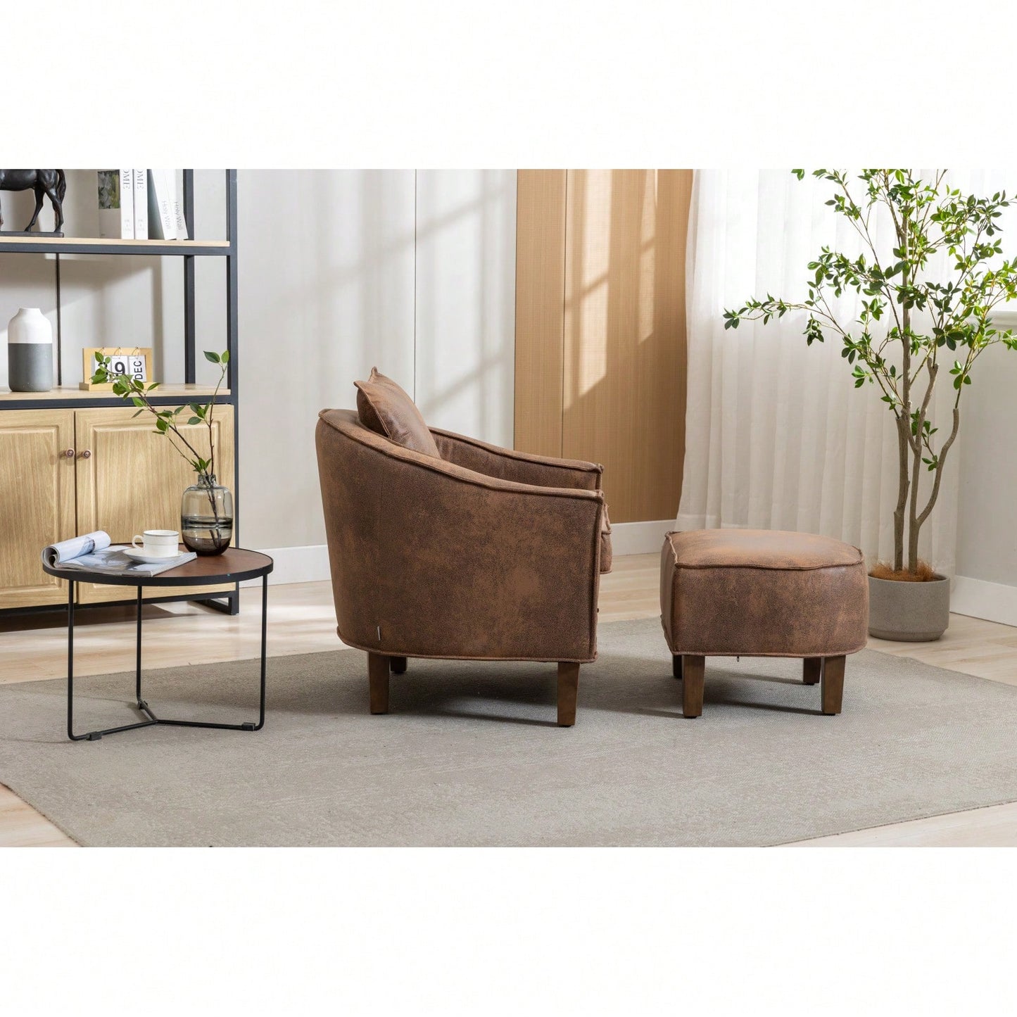 Mid Century Modern Accent Chair with Ottoman Stylish Upholstered Barrel Club Chair Easy Assembly Sturdy Wood Frame Plush Foam Padding