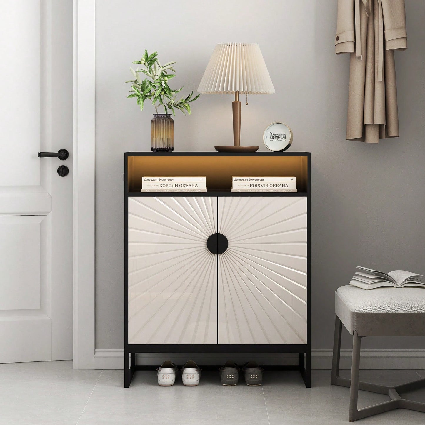 5-Tier Wooden Shoe Storage Cabinet With Doors And Motion Sensor Night Light