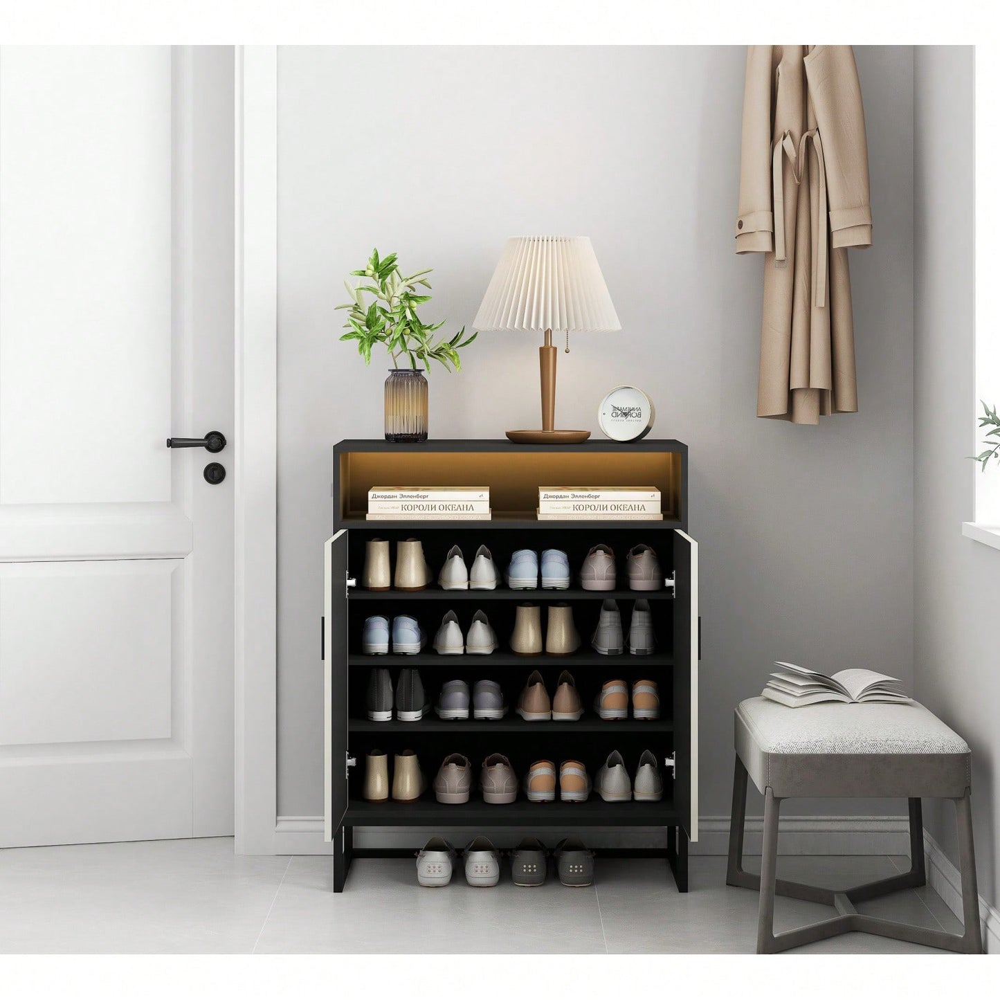 5-Tier Wooden Shoe Storage Cabinet With Doors And Motion Sensor Night Light