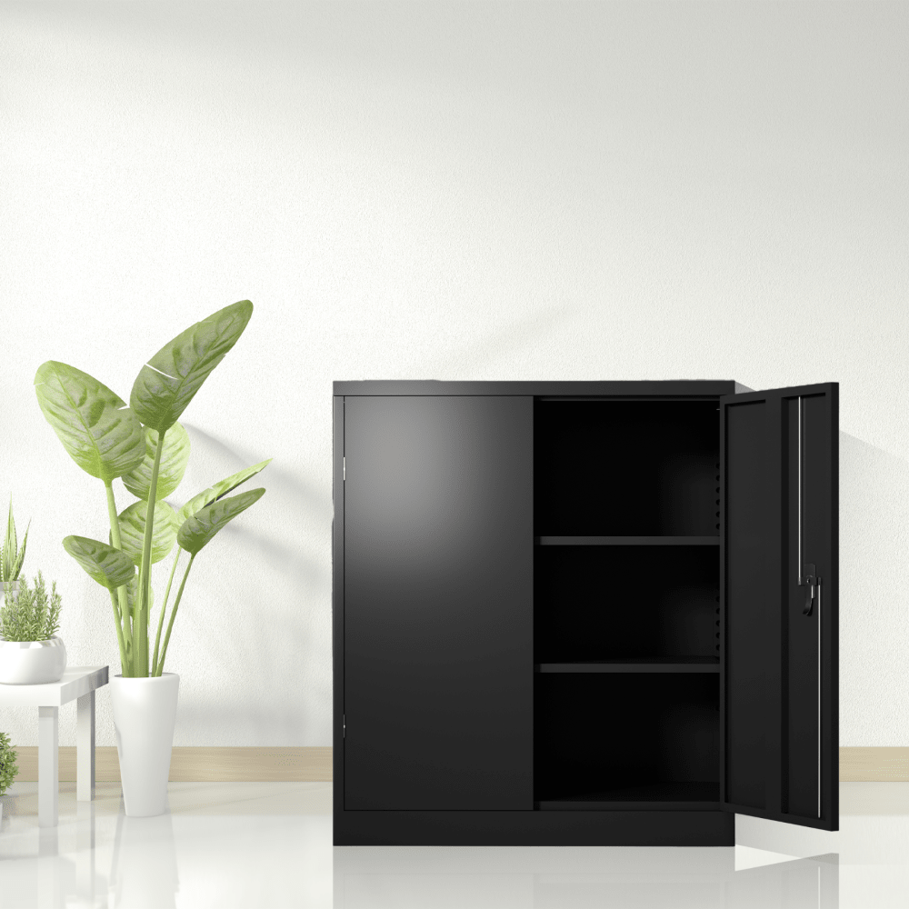Metal Storage Cabinet With 2 Doors And 2 Shelves, Lockable Steel Storage Cabinet For Office, Garage, Warehouse