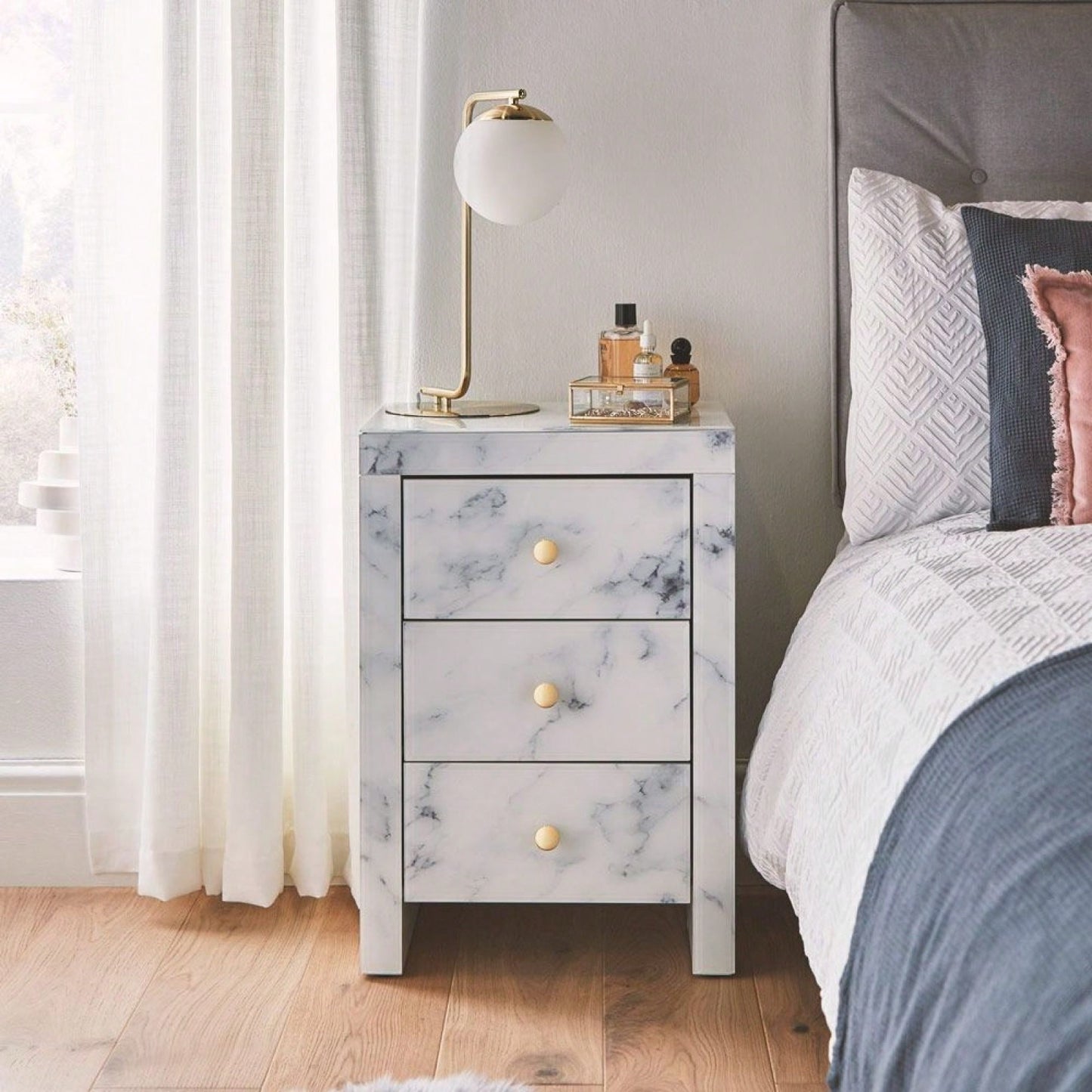 Elegant Marble Pattern Nightstand with 3 Drawers and Tempered Glass Top for Bedroom and Living Room Storage