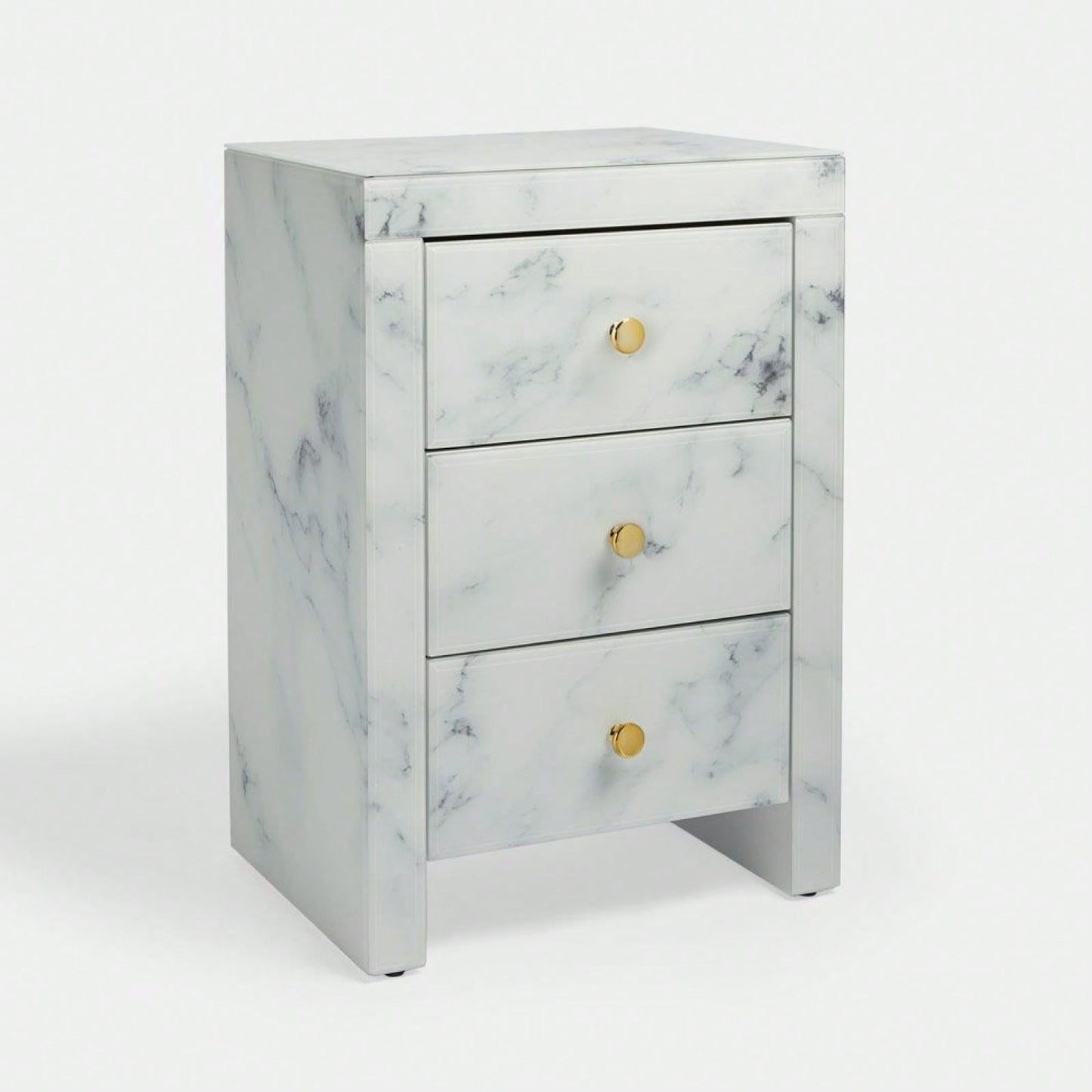 Elegant Marble Pattern Nightstand with 3 Drawers and Tempered Glass Top for Bedroom and Living Room Storage