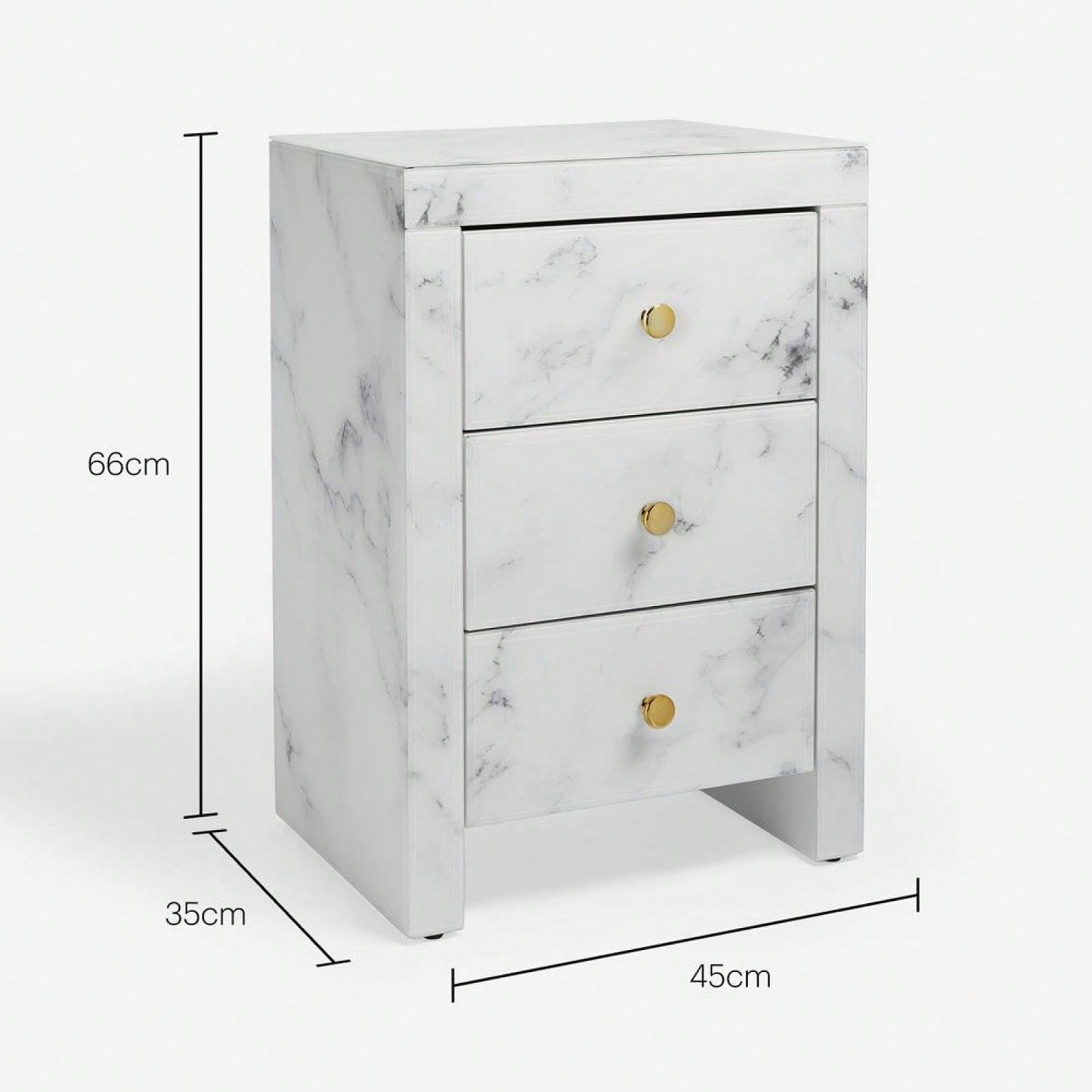 Elegant Marble Pattern Nightstand with 3 Drawers and Tempered Glass Top for Bedroom and Living Room Storage
