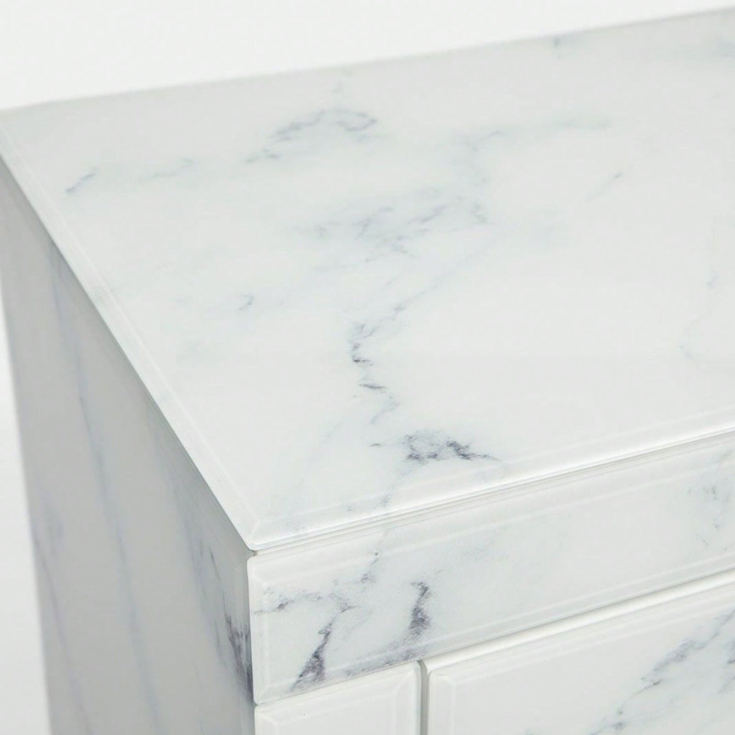 Elegant Marble Pattern Nightstand with 3 Drawers and Tempered Glass Top for Bedroom and Living Room Storage
