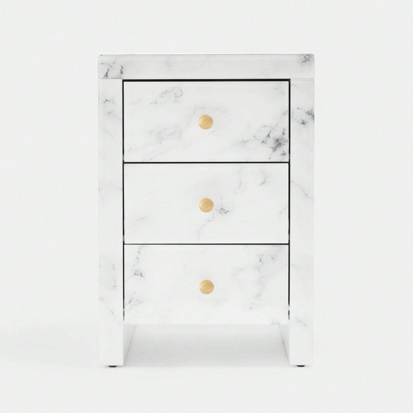 Elegant Marble Pattern Nightstand with 3 Drawers and Tempered Glass Top for Bedroom and Living Room Storage