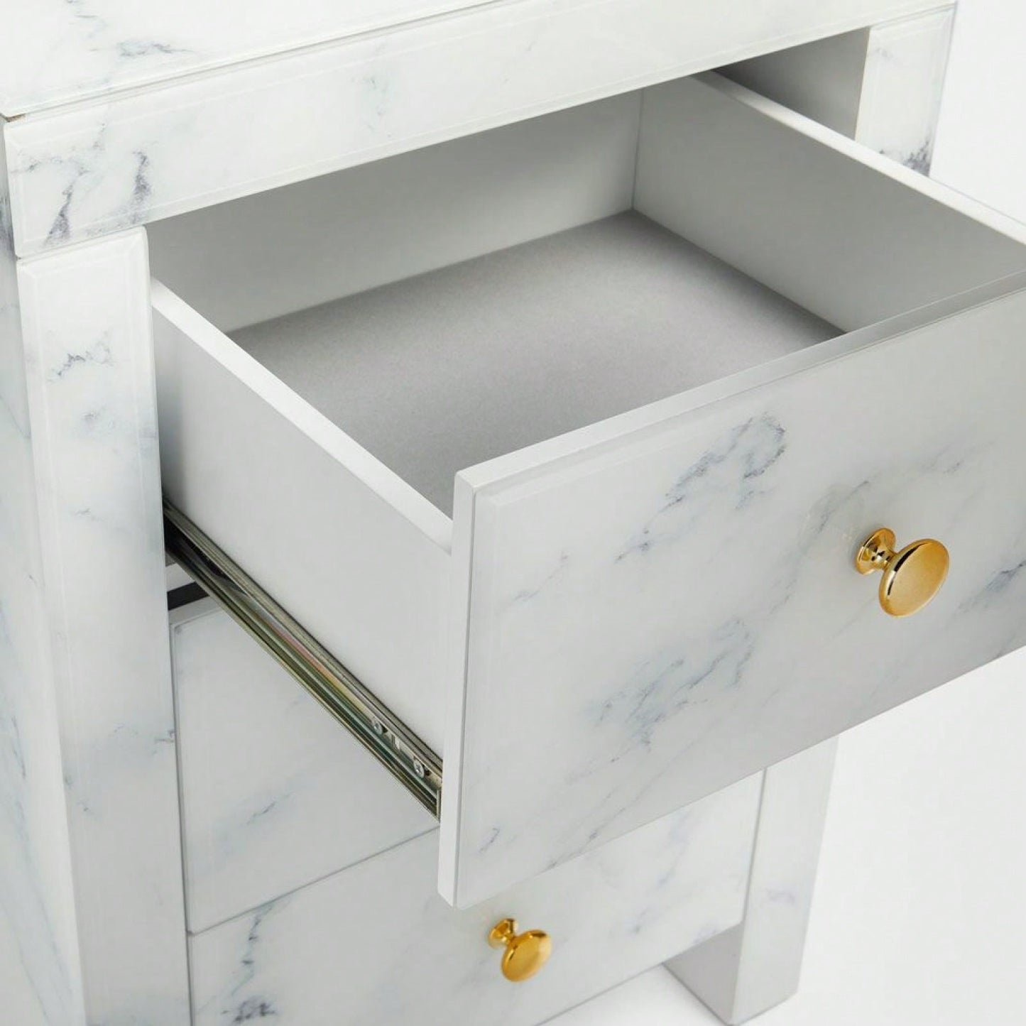 Elegant Marble Pattern Nightstand with 3 Drawers and Tempered Glass Top for Bedroom and Living Room Storage