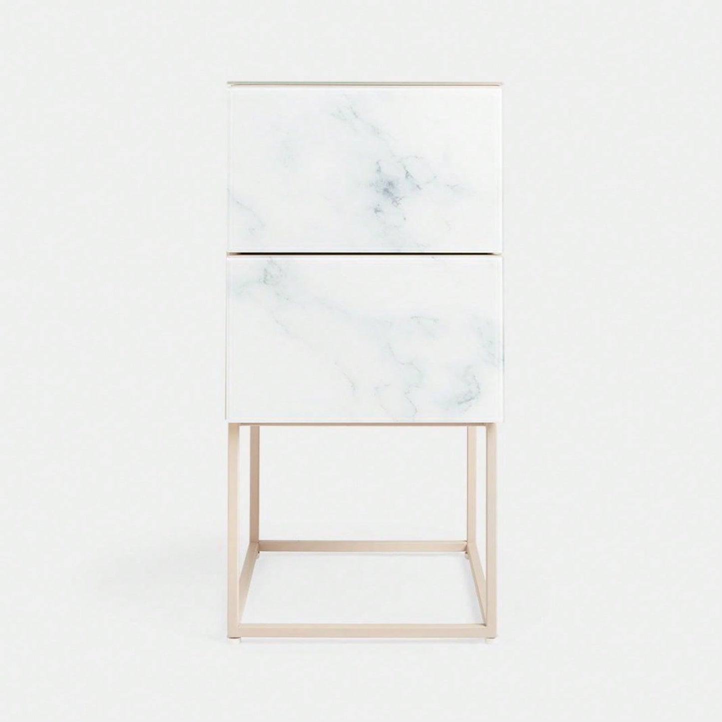 Elegant Pink and White Marble Nightstand with 2 Drawers and Tempered Glass Top for Bedroom and Living Room