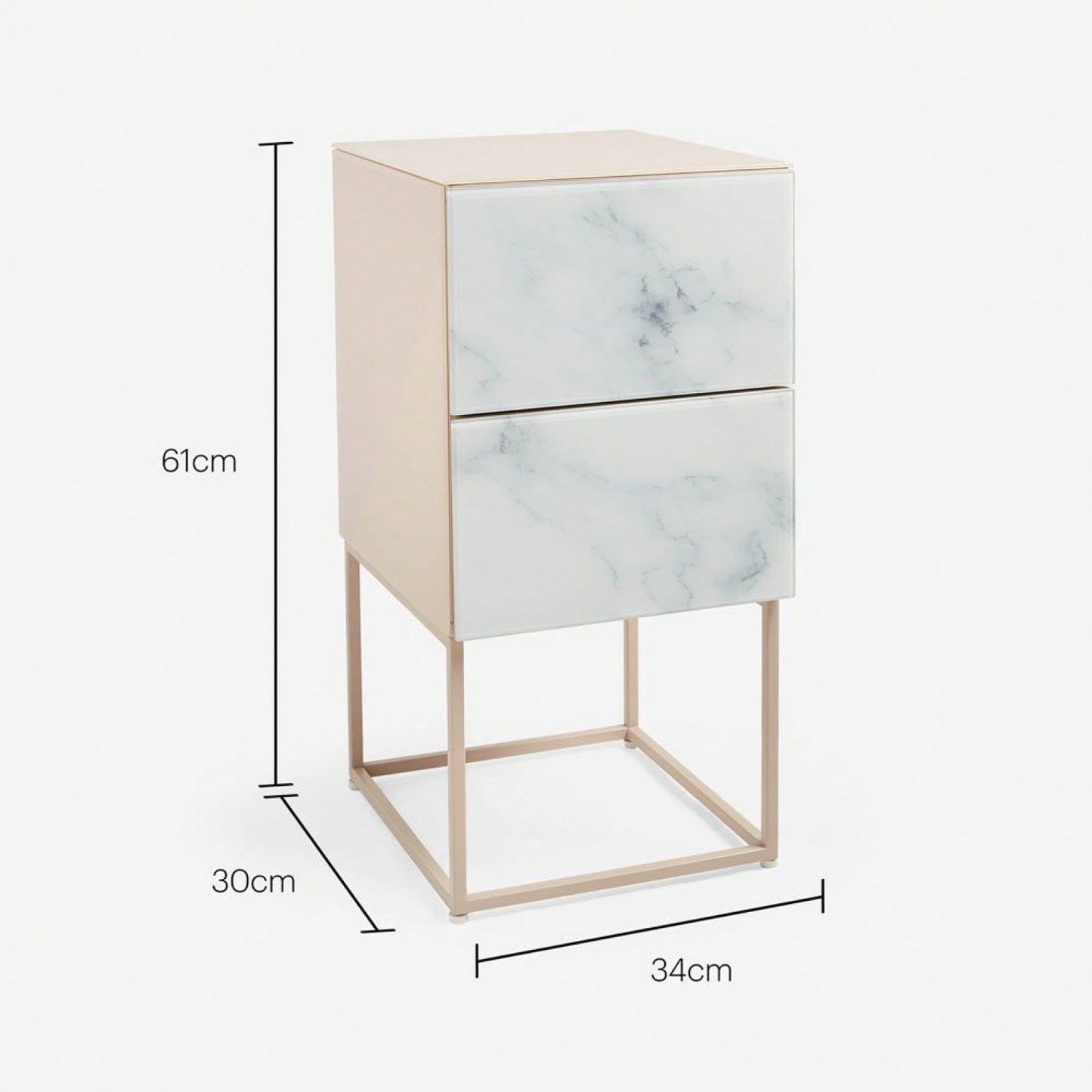 Elegant Pink and White Marble Nightstand with 2 Drawers and Tempered Glass Top for Bedroom and Living Room