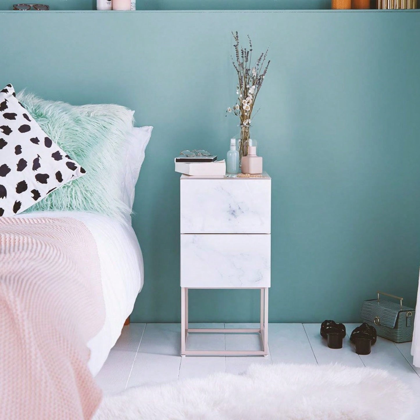 Elegant Pink and White Marble Nightstand with 2 Drawers and Tempered Glass Top for Bedroom and Living Room