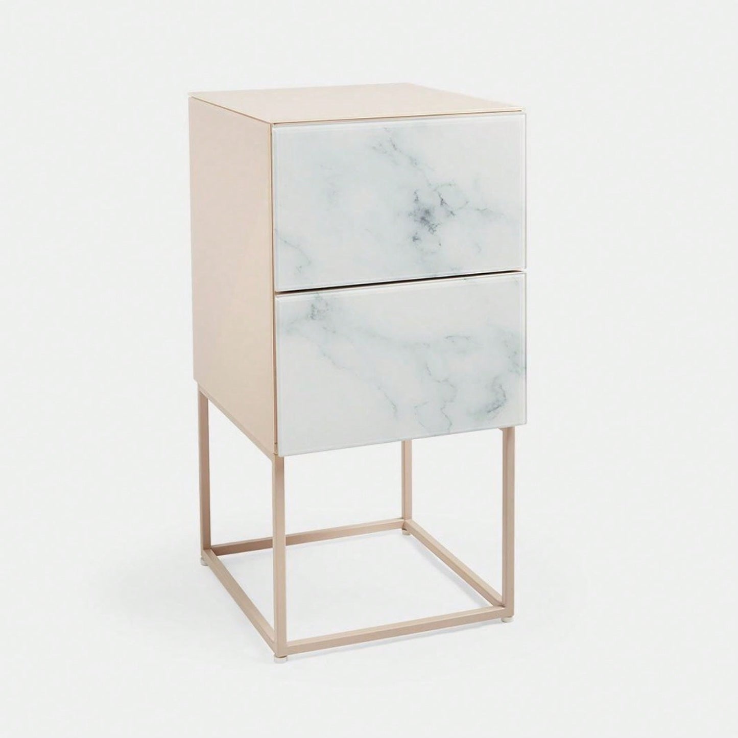 Elegant Pink and White Marble Nightstand with 2 Drawers and Tempered Glass Top for Bedroom and Living Room