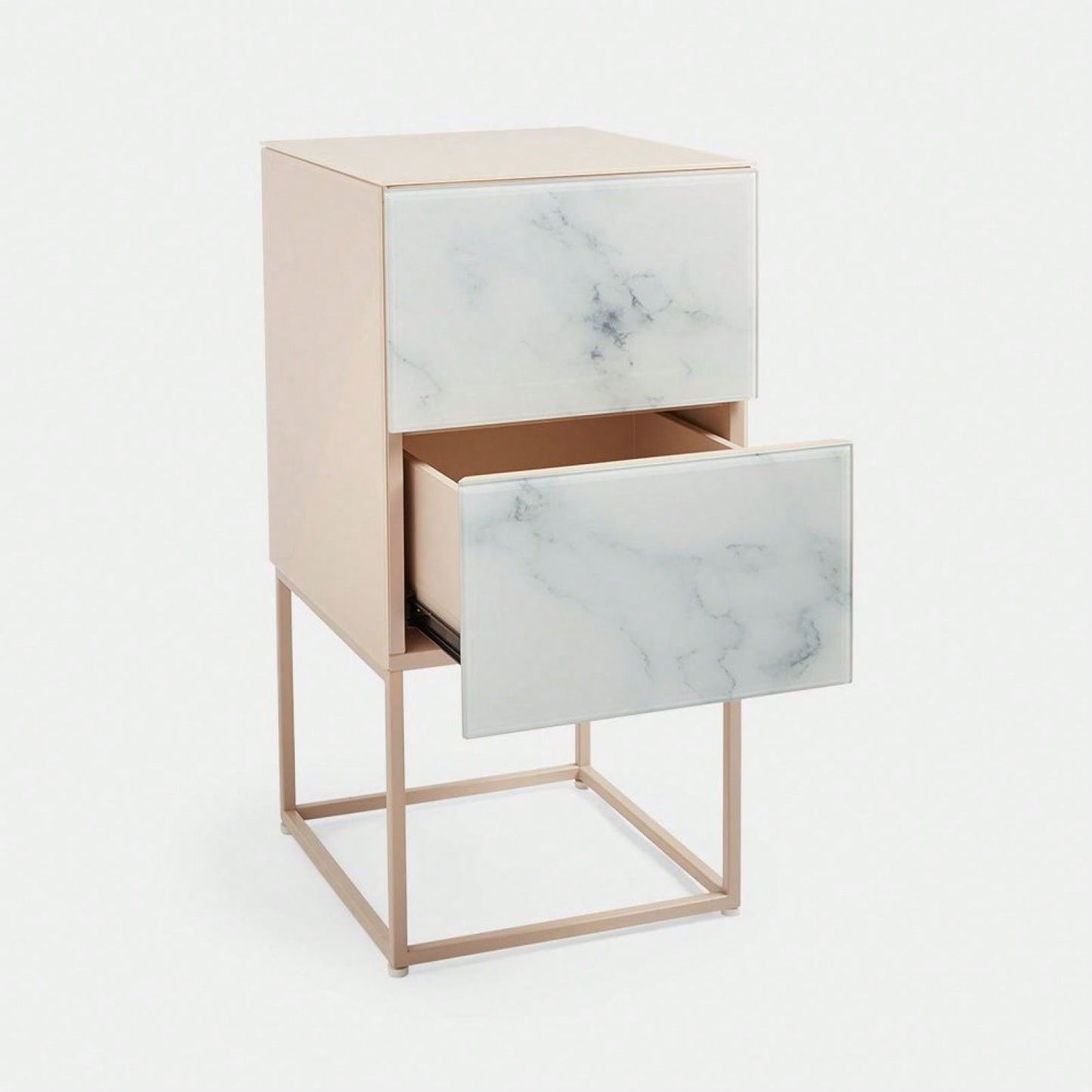 Elegant Pink and White Marble Nightstand with 2 Drawers and Tempered Glass Top for Bedroom and Living Room