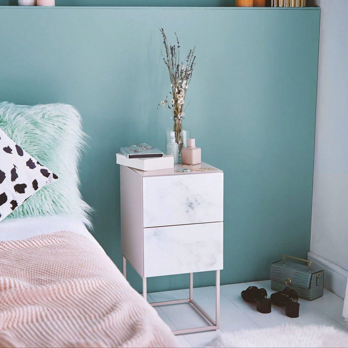 Elegant Pink and White Marble Nightstand with 2 Drawers and Tempered Glass Top for Bedroom and Living Room