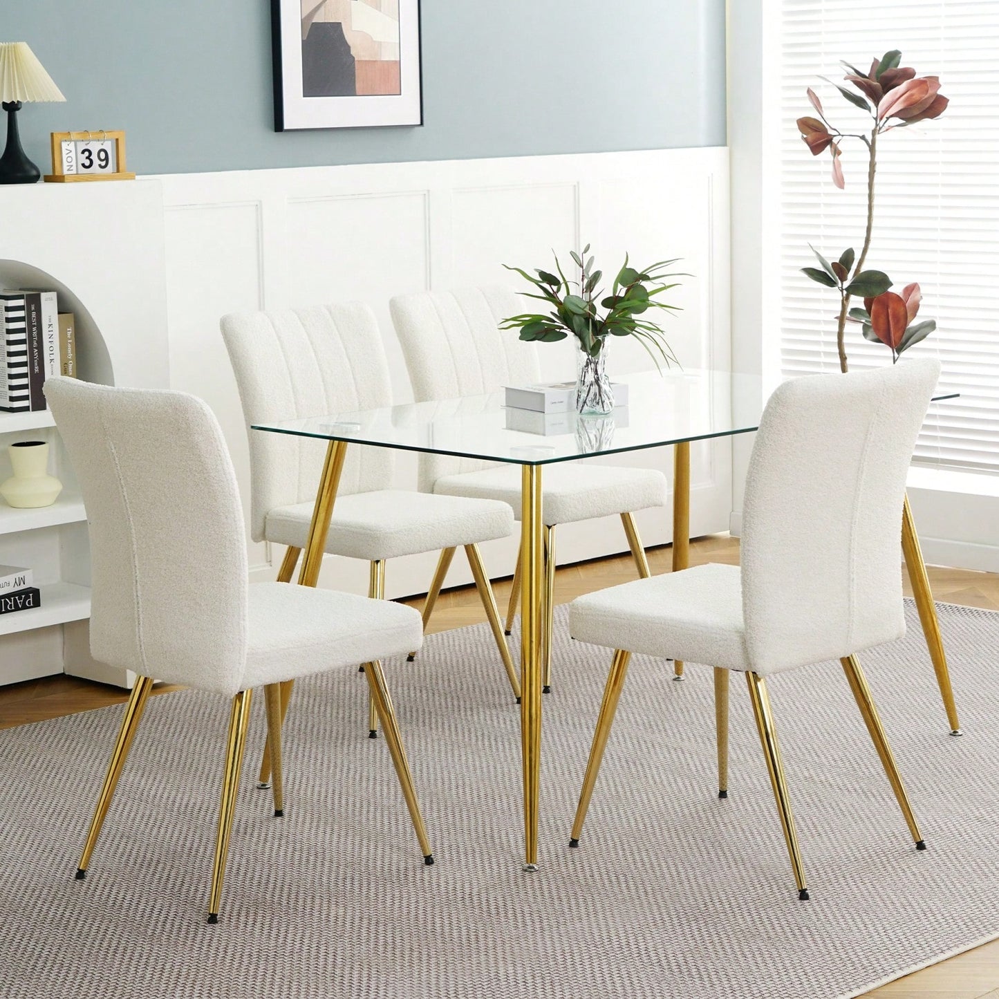 Set of 4 Teddy Wool Upholstered Dining Chairs with Gold Legs - Stylish Accent Chairs for Dining Room Living Room Bedroom Kitchen