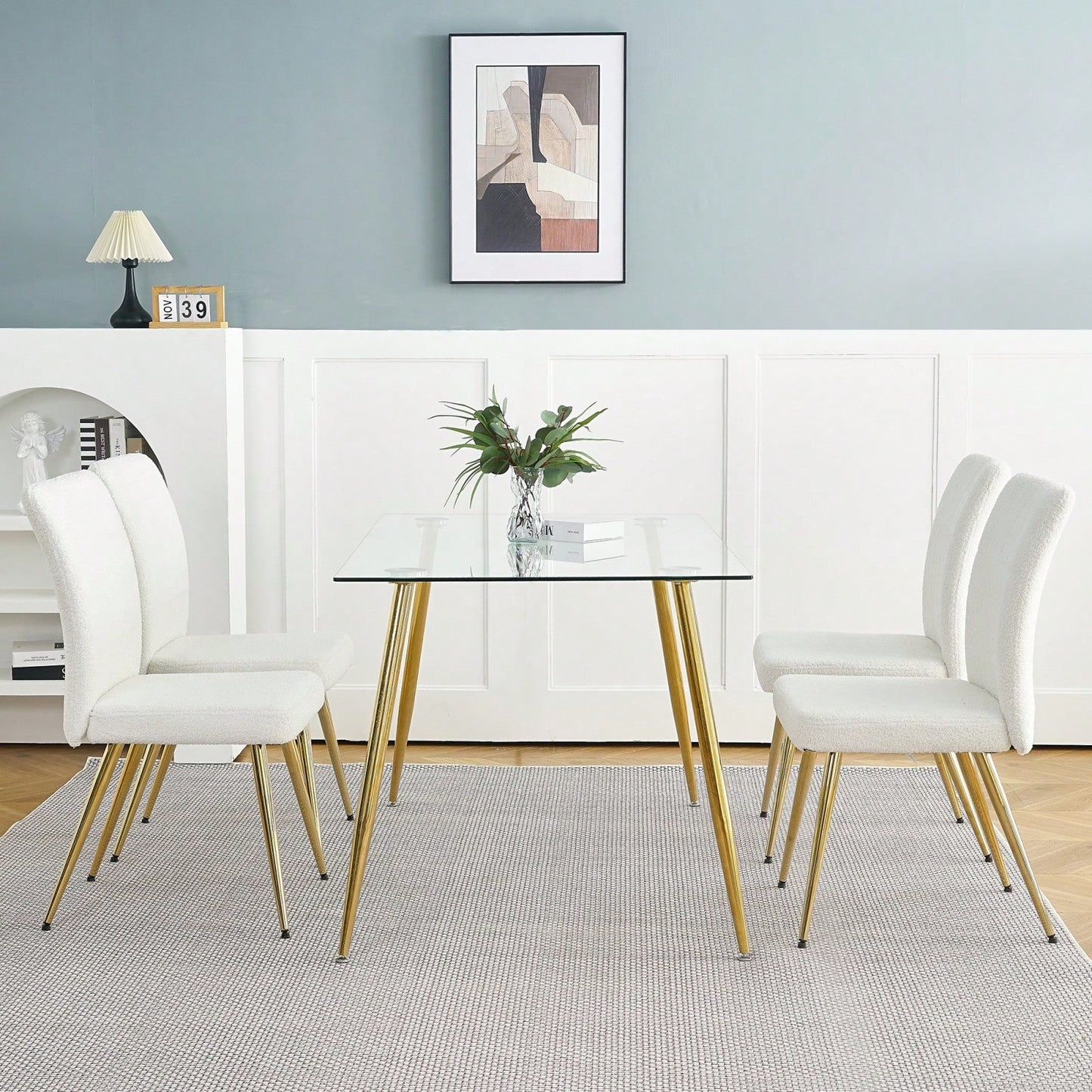 Set of 4 Teddy Wool Upholstered Dining Chairs with Gold Legs - Stylish Accent Chairs for Dining Room Living Room Bedroom Kitchen