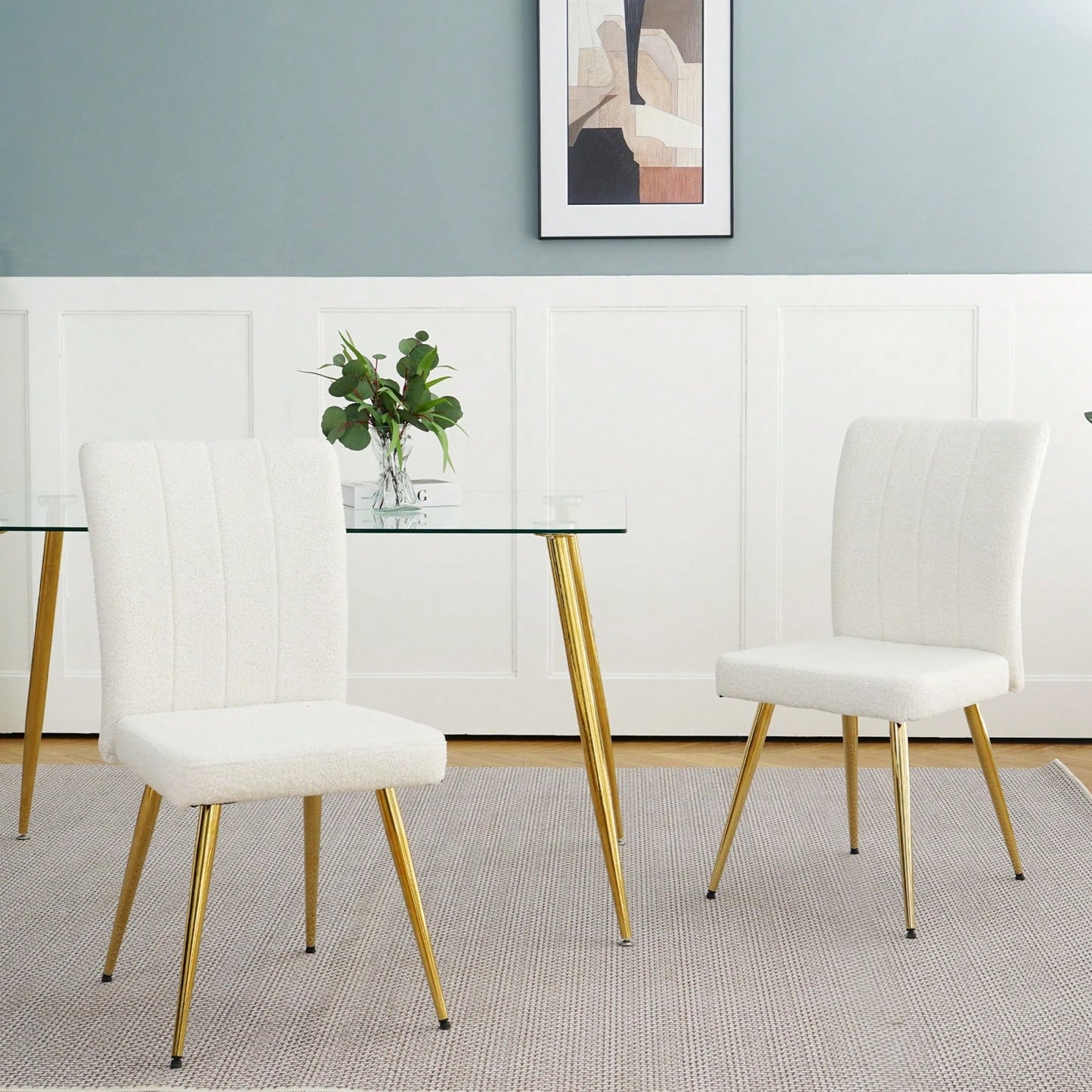Set of 4 Teddy Wool Upholstered Dining Chairs with Gold Legs - Stylish Accent Chairs for Dining Room Living Room Bedroom Kitchen