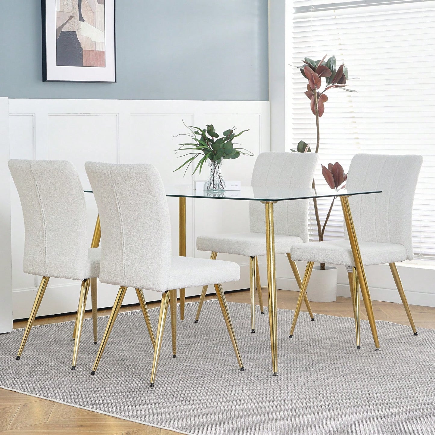Set of 4 Teddy Wool Upholstered Dining Chairs with Gold Legs - Stylish Accent Chairs for Dining Room Living Room Bedroom Kitchen