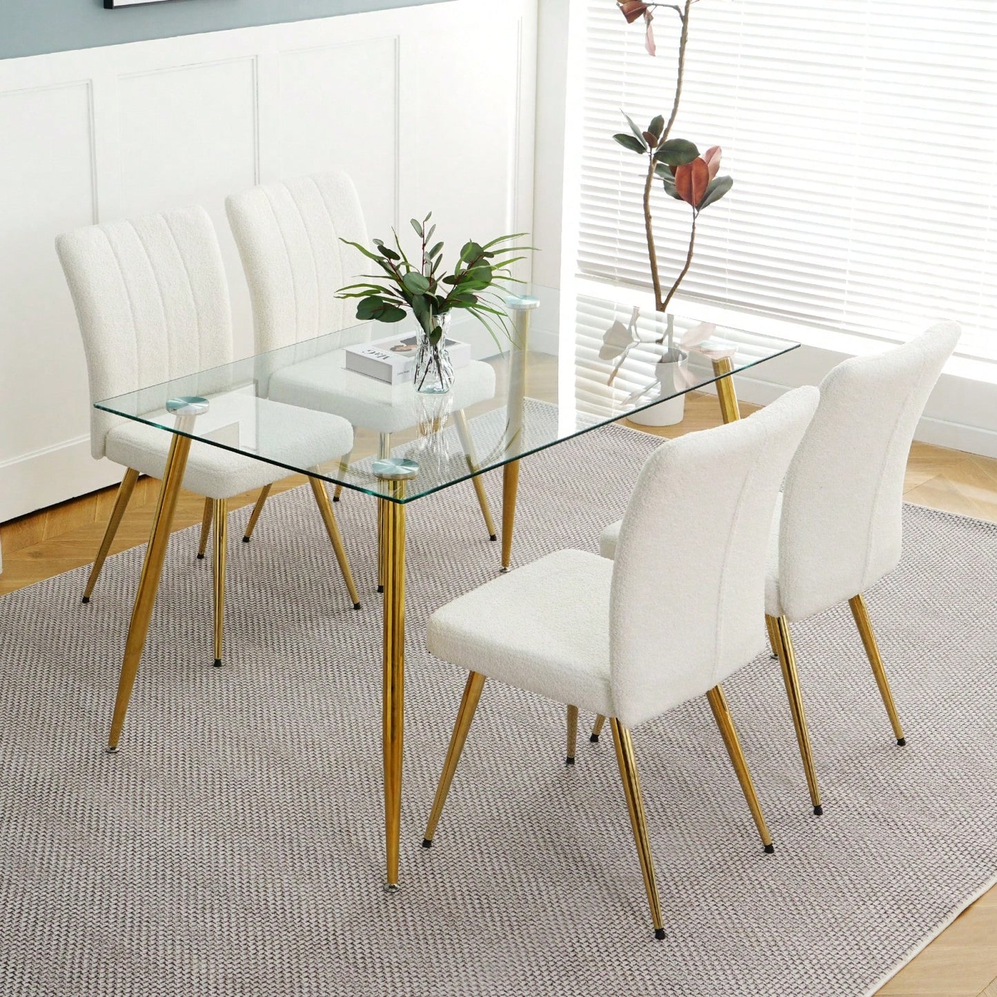 Set of 4 Teddy Wool Upholstered Dining Chairs with Gold Legs - Stylish Accent Chairs for Dining Room Living Room Bedroom Kitchen