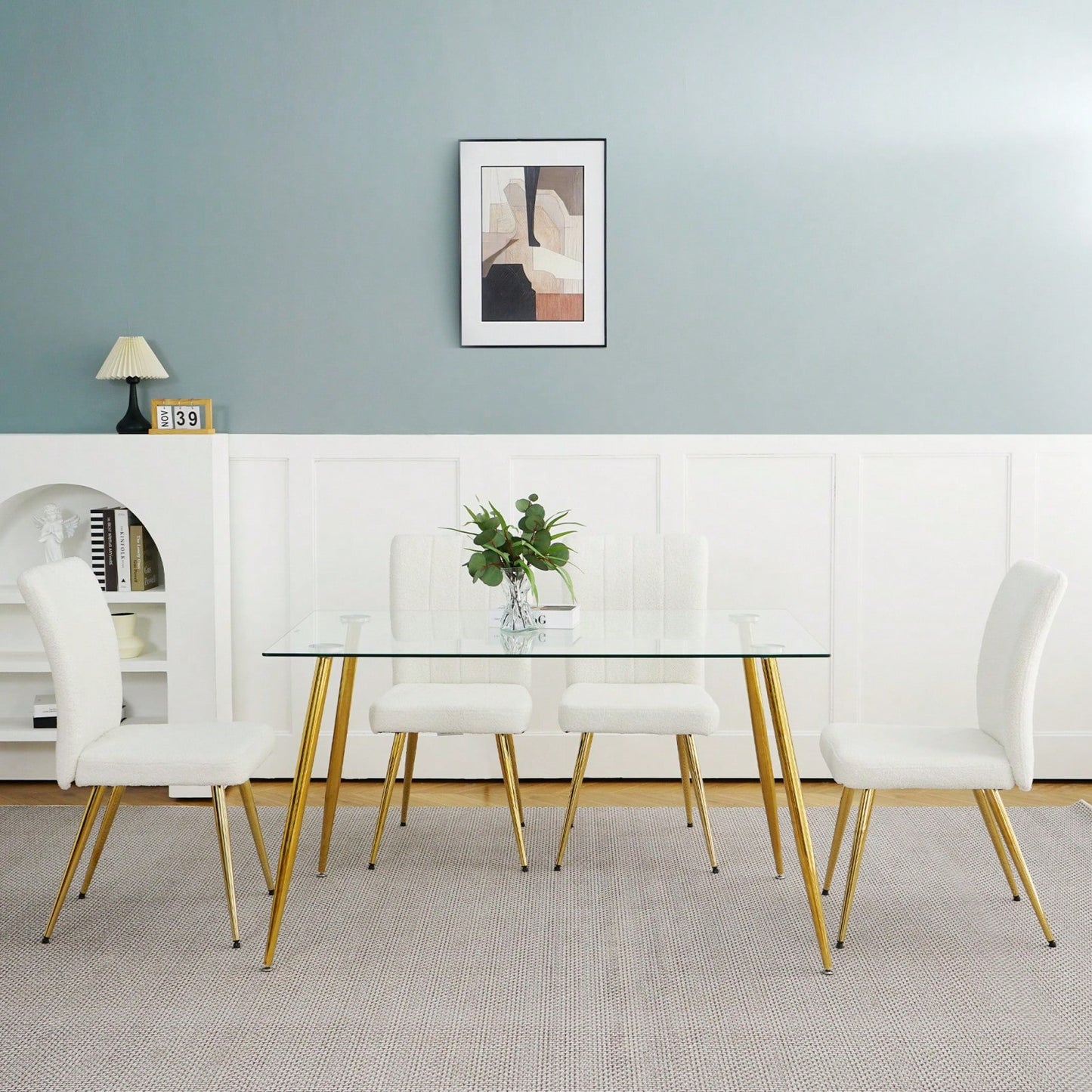 Set of 4 Teddy Wool Upholstered Dining Chairs with Gold Legs - Stylish Accent Chairs for Dining Room Living Room Bedroom Kitchen