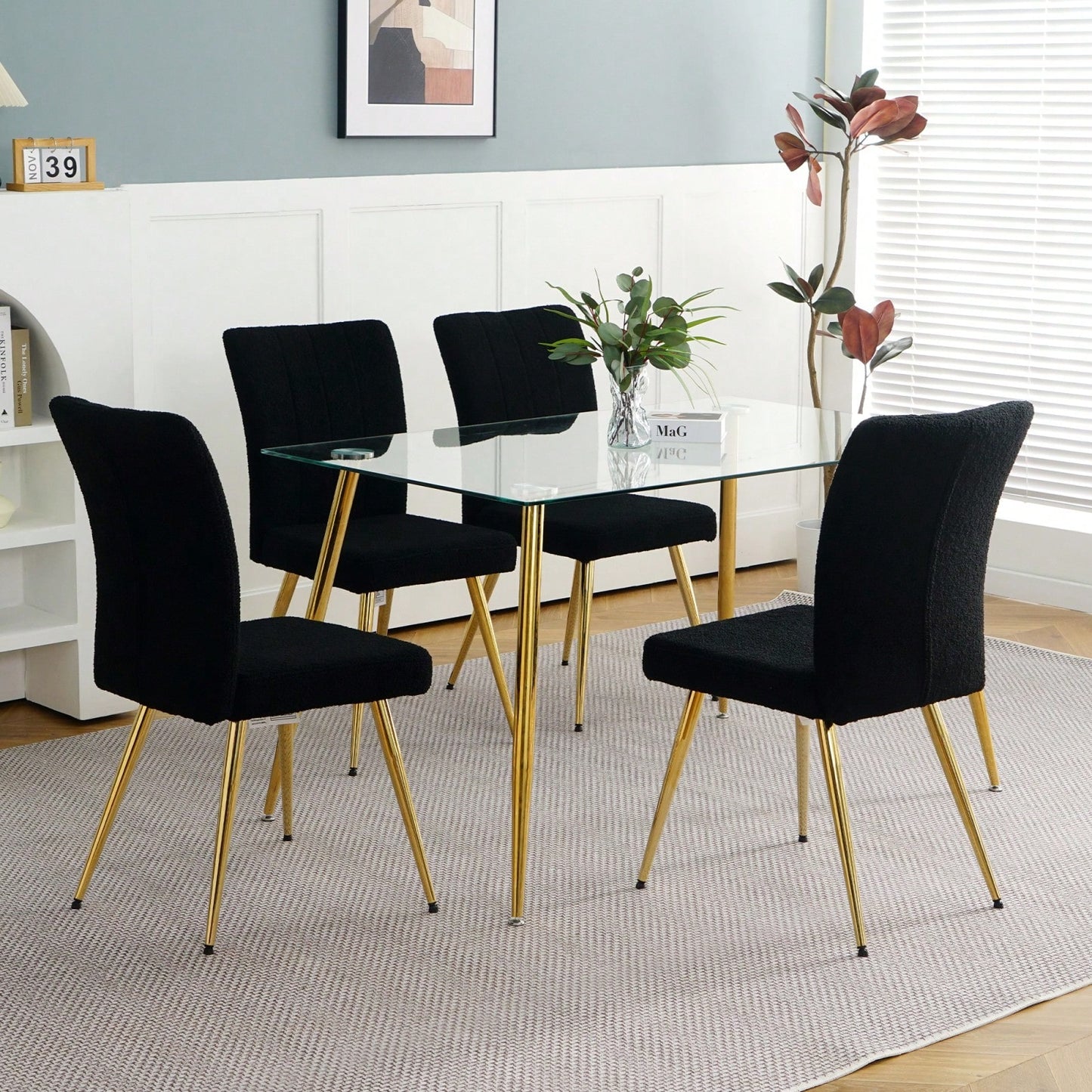 Set of 4 Teddy Wool Upholstered Dining Chairs with Gold Legs - Stylish Accent Chairs for Dining Room Living Room Bedroom Kitchen