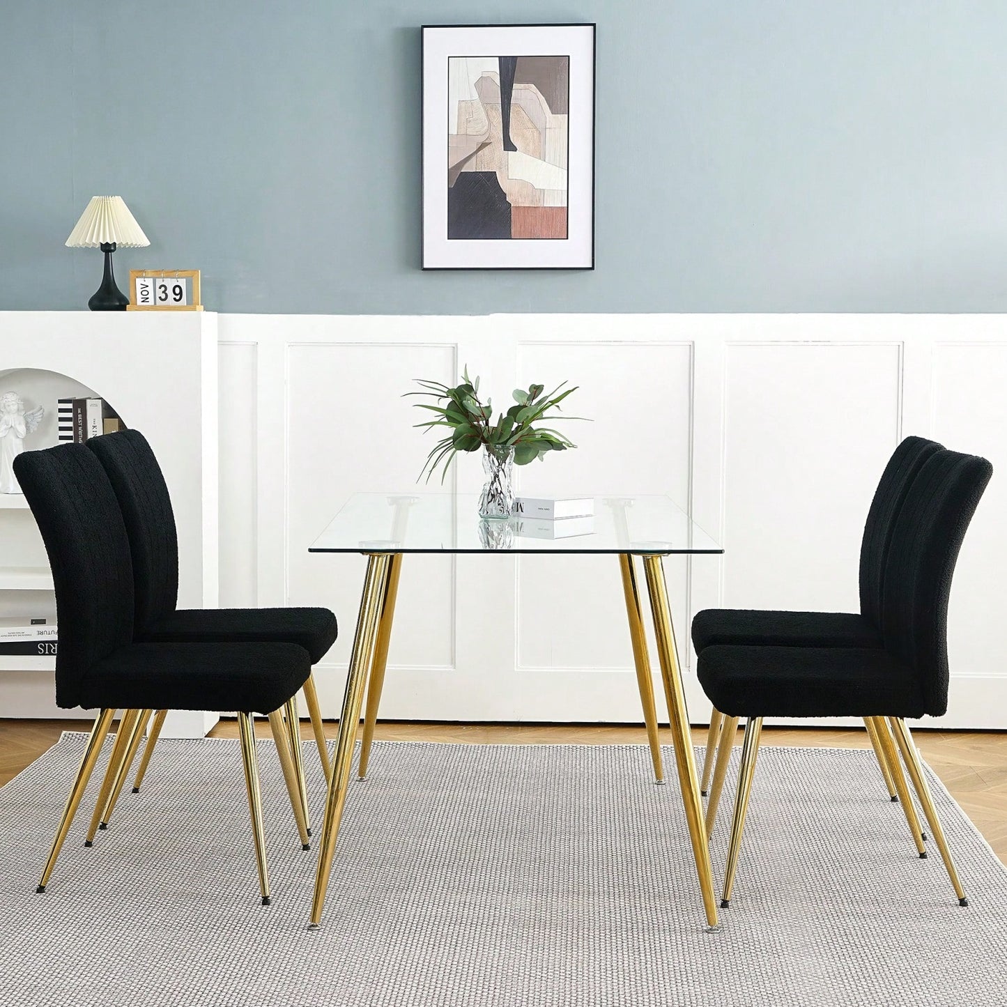 Set of 4 Teddy Wool Upholstered Dining Chairs with Gold Legs - Stylish Accent Chairs for Dining Room Living Room Bedroom Kitchen