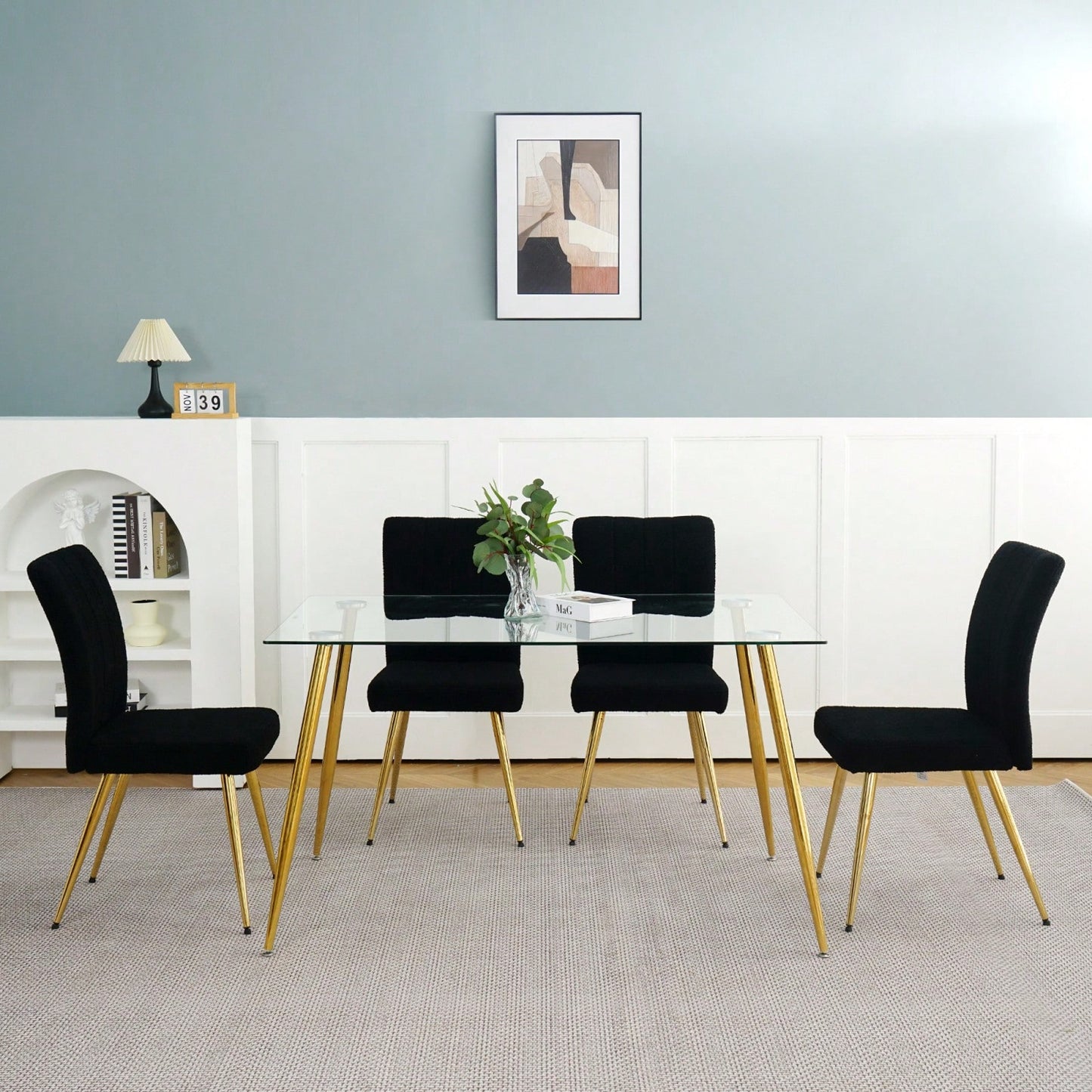 Set of 4 Teddy Wool Upholstered Dining Chairs with Gold Legs - Stylish Accent Chairs for Dining Room Living Room Bedroom Kitchen