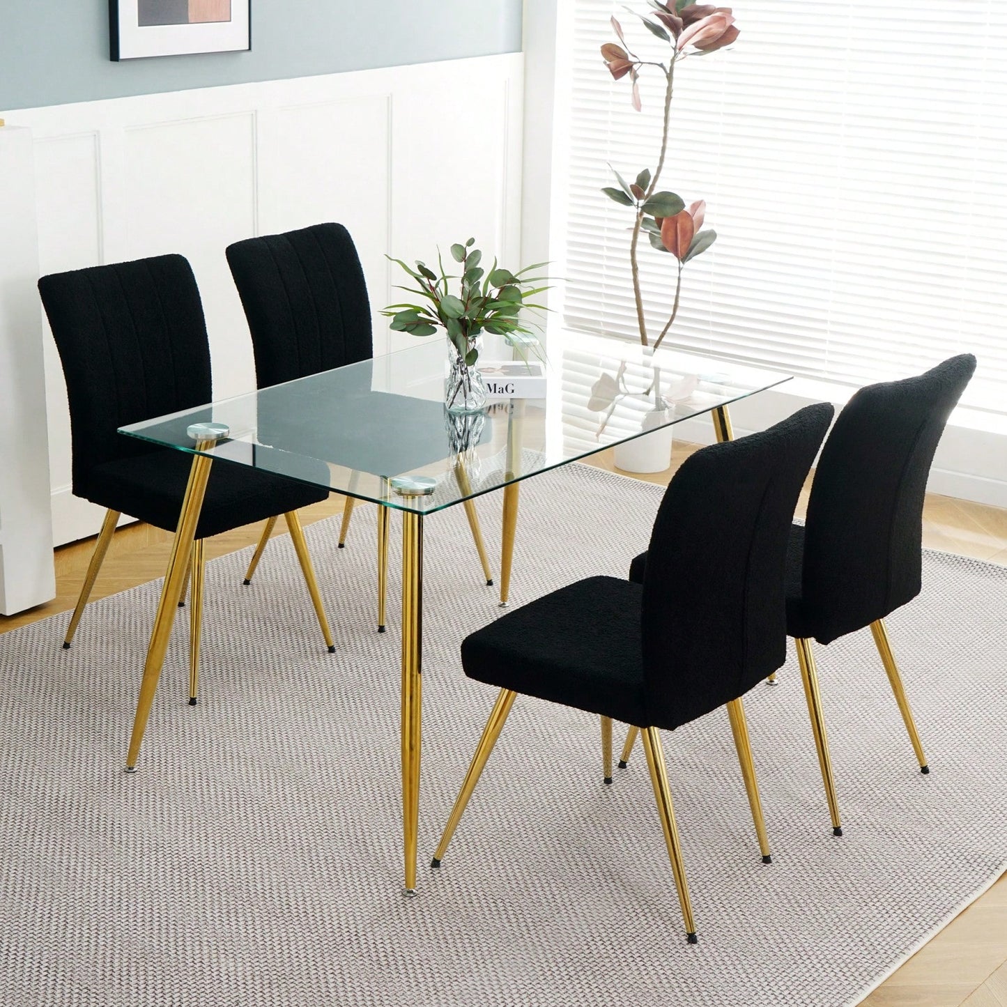Set of 4 Teddy Wool Upholstered Dining Chairs with Gold Legs - Stylish Accent Chairs for Dining Room Living Room Bedroom Kitchen
