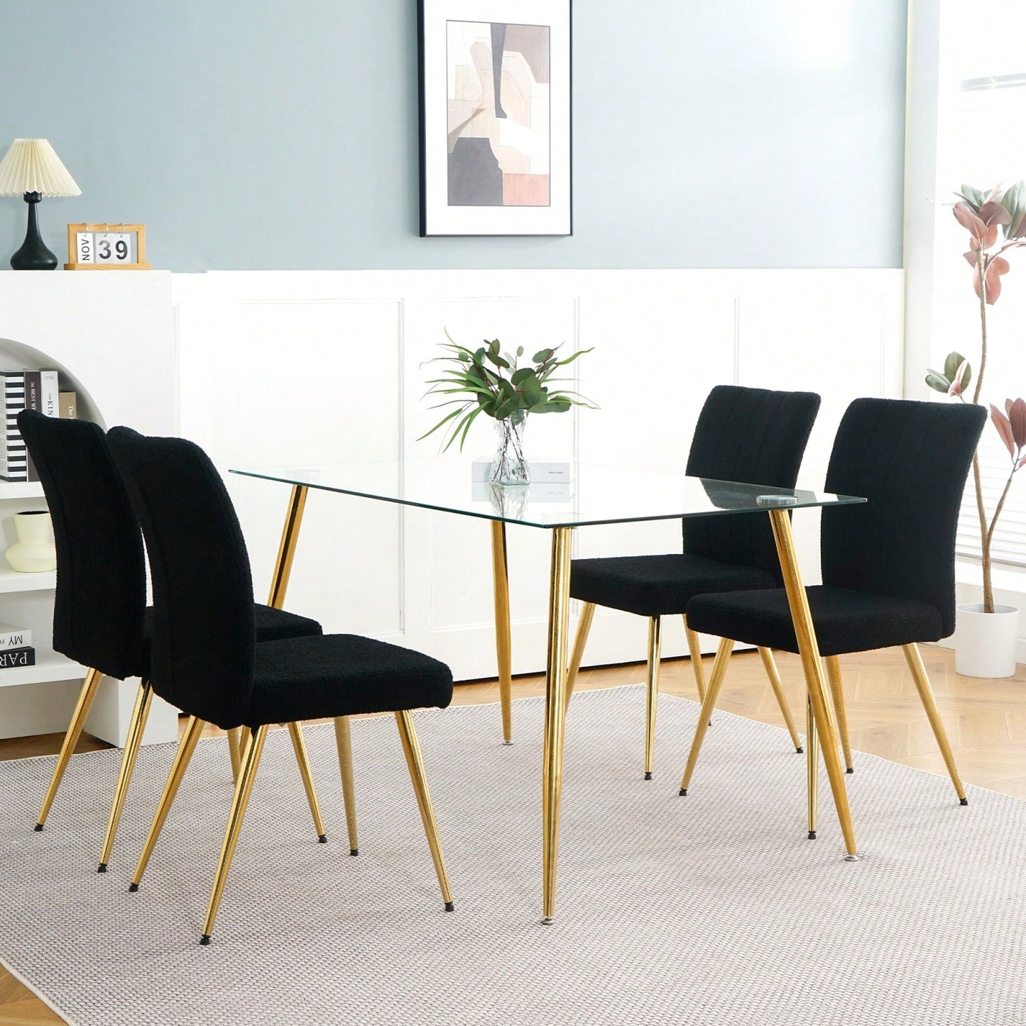 Set of 4 Teddy Wool Upholstered Dining Chairs with Gold Legs - Stylish Accent Chairs for Dining Room Living Room Bedroom Kitchen