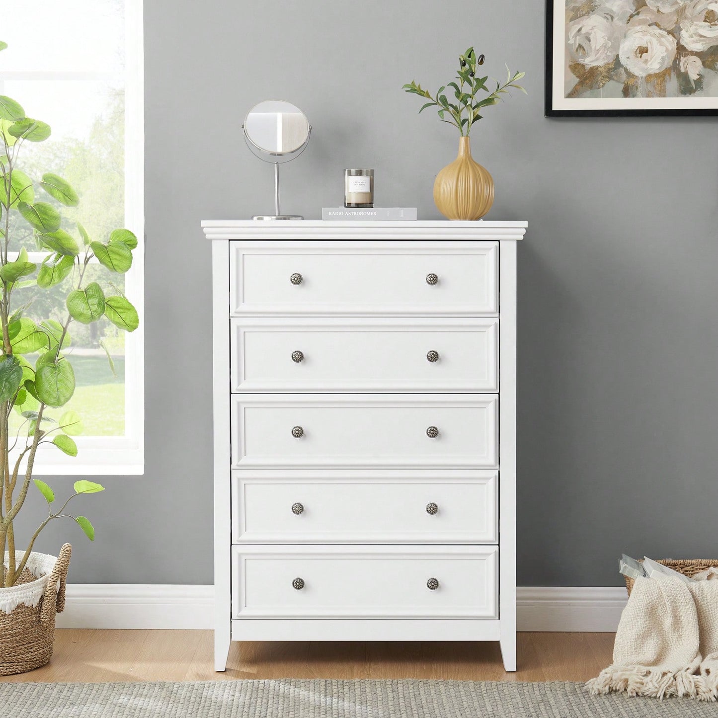 Spacious 5-Drawer Bedroom Dresser with Smooth Glide Metal Slides and Anti-Tip Safety Design for Clothes Storage