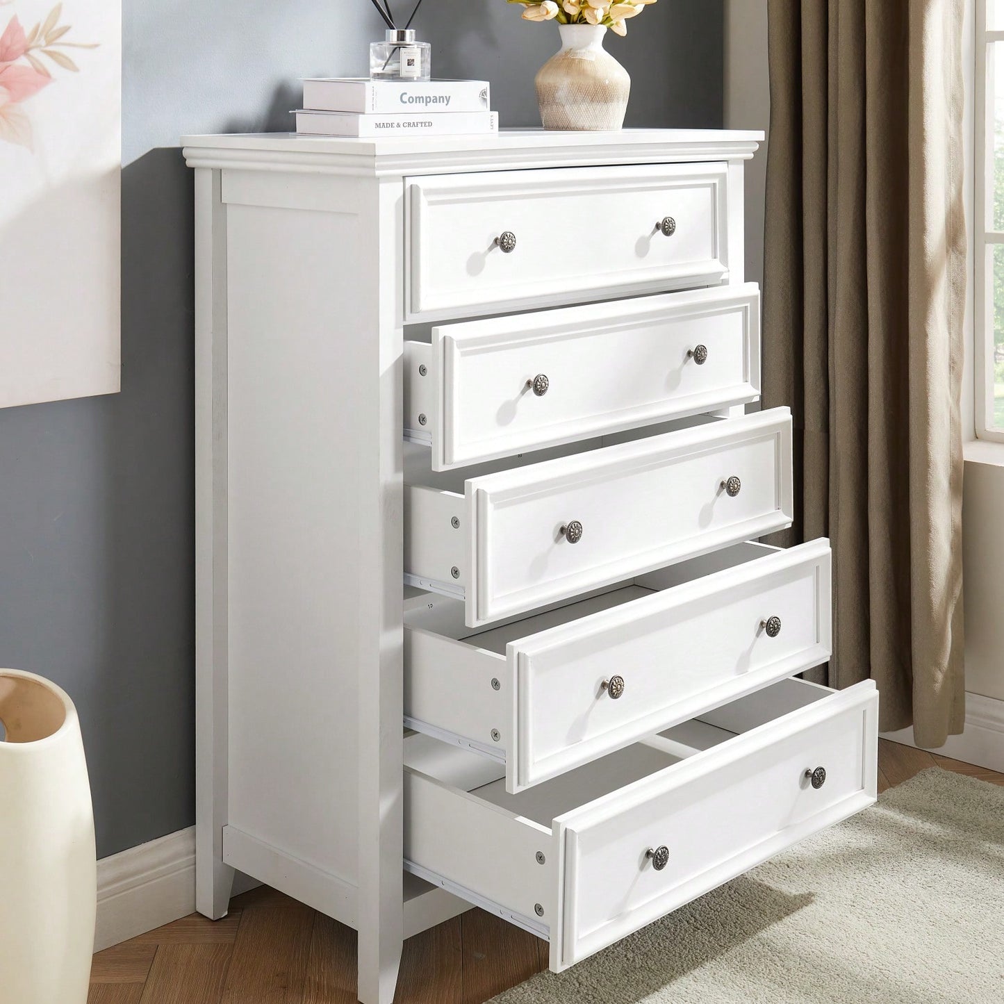 Spacious 5-Drawer Bedroom Dresser with Smooth Glide Metal Slides and Anti-Tip Safety Design for Clothes Storage