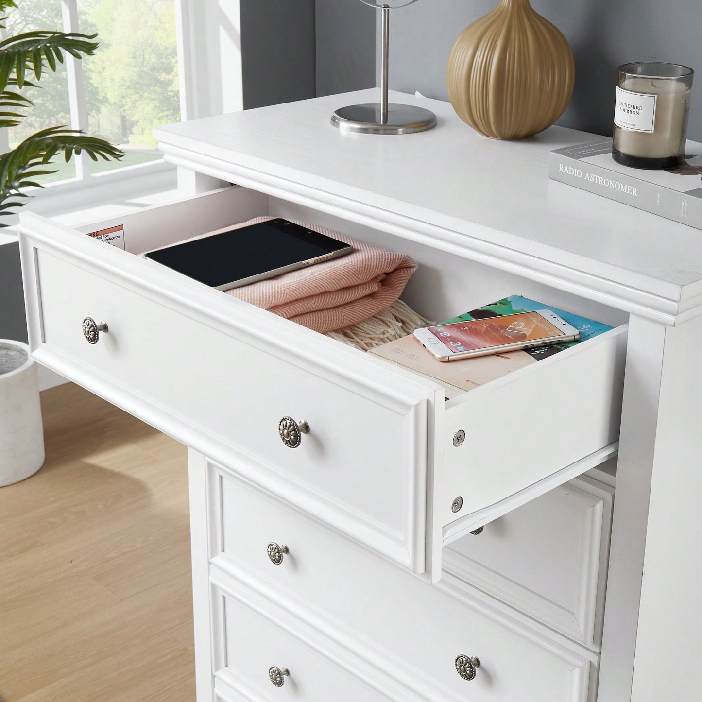 Spacious 5-Drawer Bedroom Dresser with Smooth Glide Metal Slides and Anti-Tip Safety Design for Clothes Storage