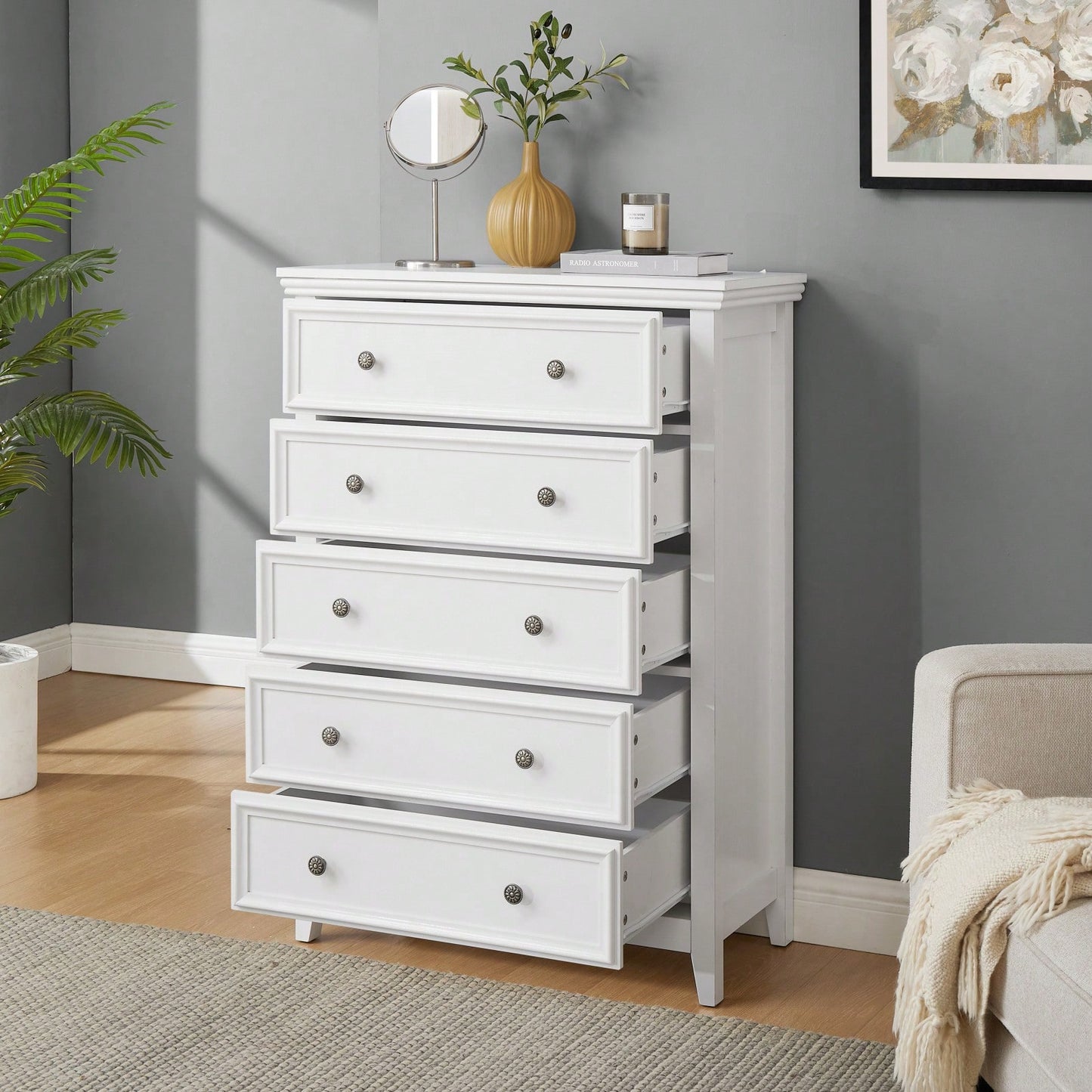 Spacious 5-Drawer Bedroom Dresser with Smooth Glide Metal Slides and Anti-Tip Safety Design for Clothes Storage