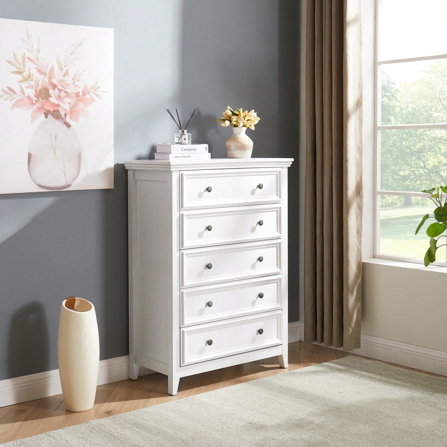 Spacious 5-Drawer Bedroom Dresser with Smooth Glide Metal Slides and Anti-Tip Safety Design for Clothes Storage