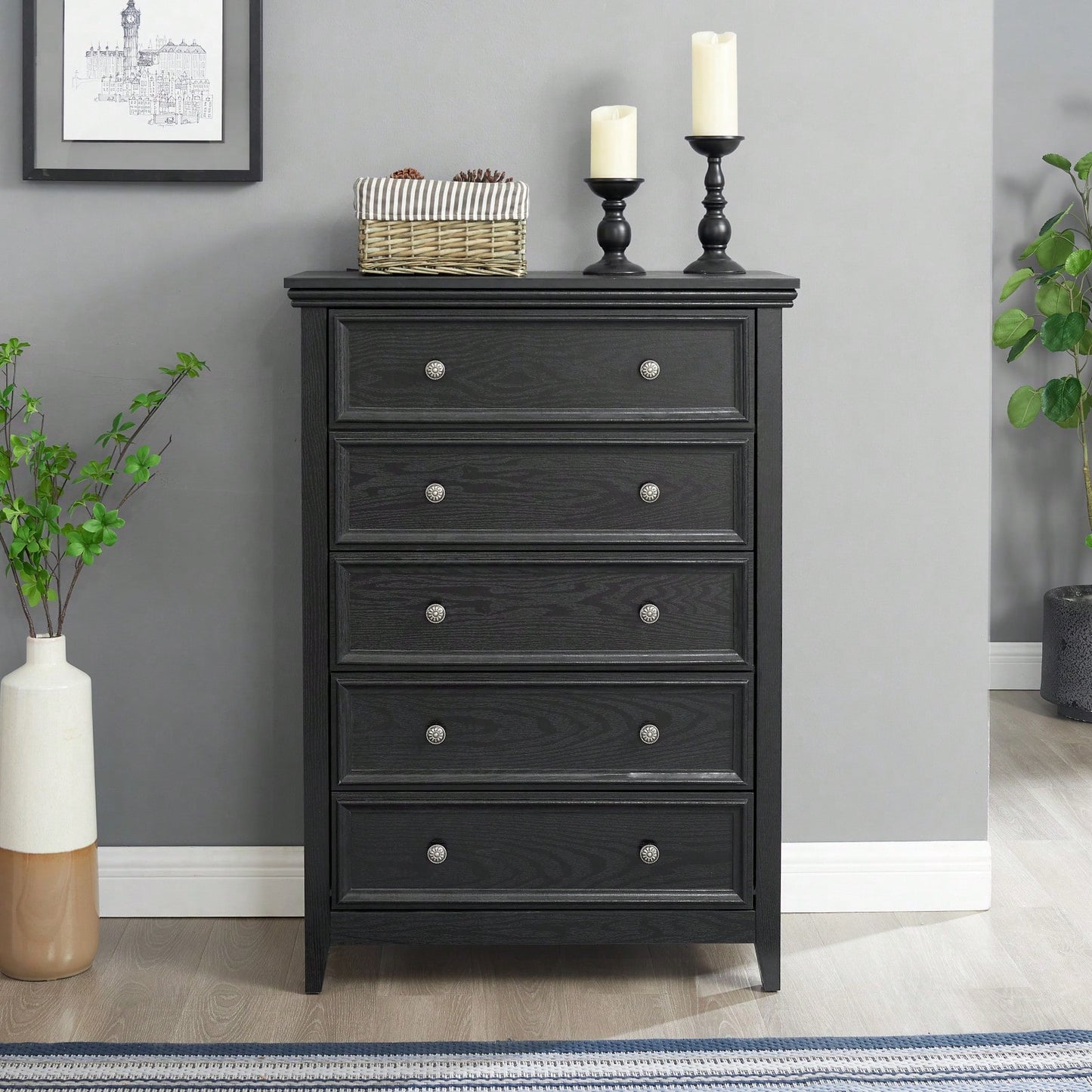 Spacious 5-Drawer Bedroom Dresser with Smooth Glide Metal Slides and Anti-Tip Safety Design for Clothes Storage