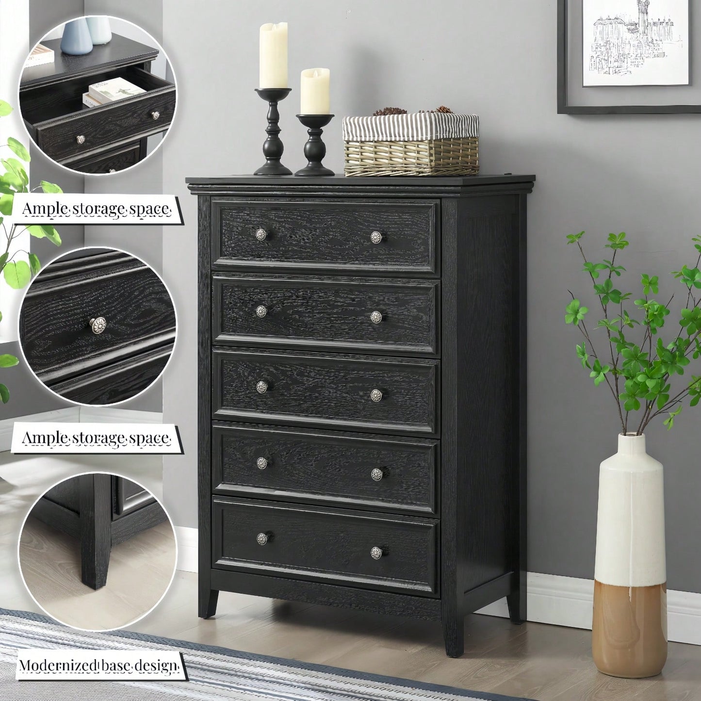 Spacious 5-Drawer Bedroom Dresser with Smooth Glide Metal Slides and Anti-Tip Safety Design for Clothes Storage