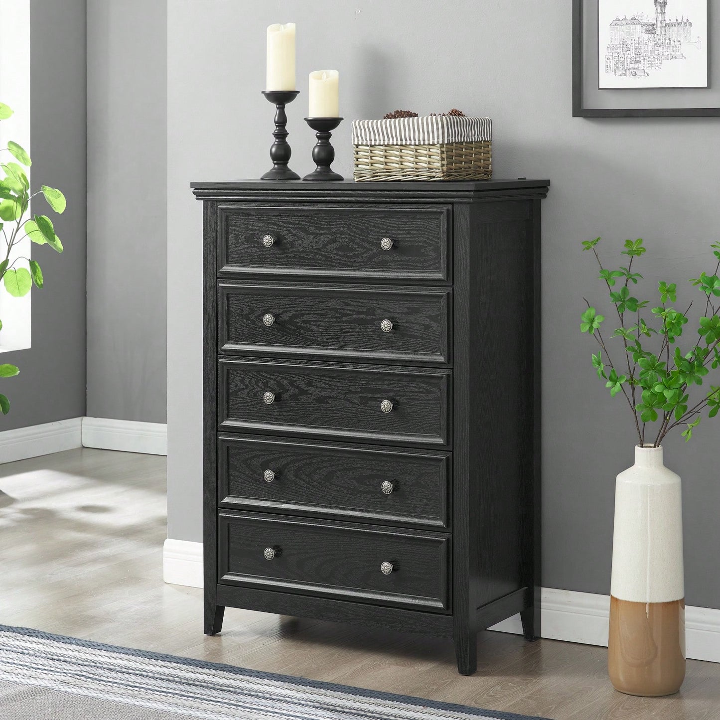 Spacious 5-Drawer Bedroom Dresser with Smooth Glide Metal Slides and Anti-Tip Safety Design for Clothes Storage
