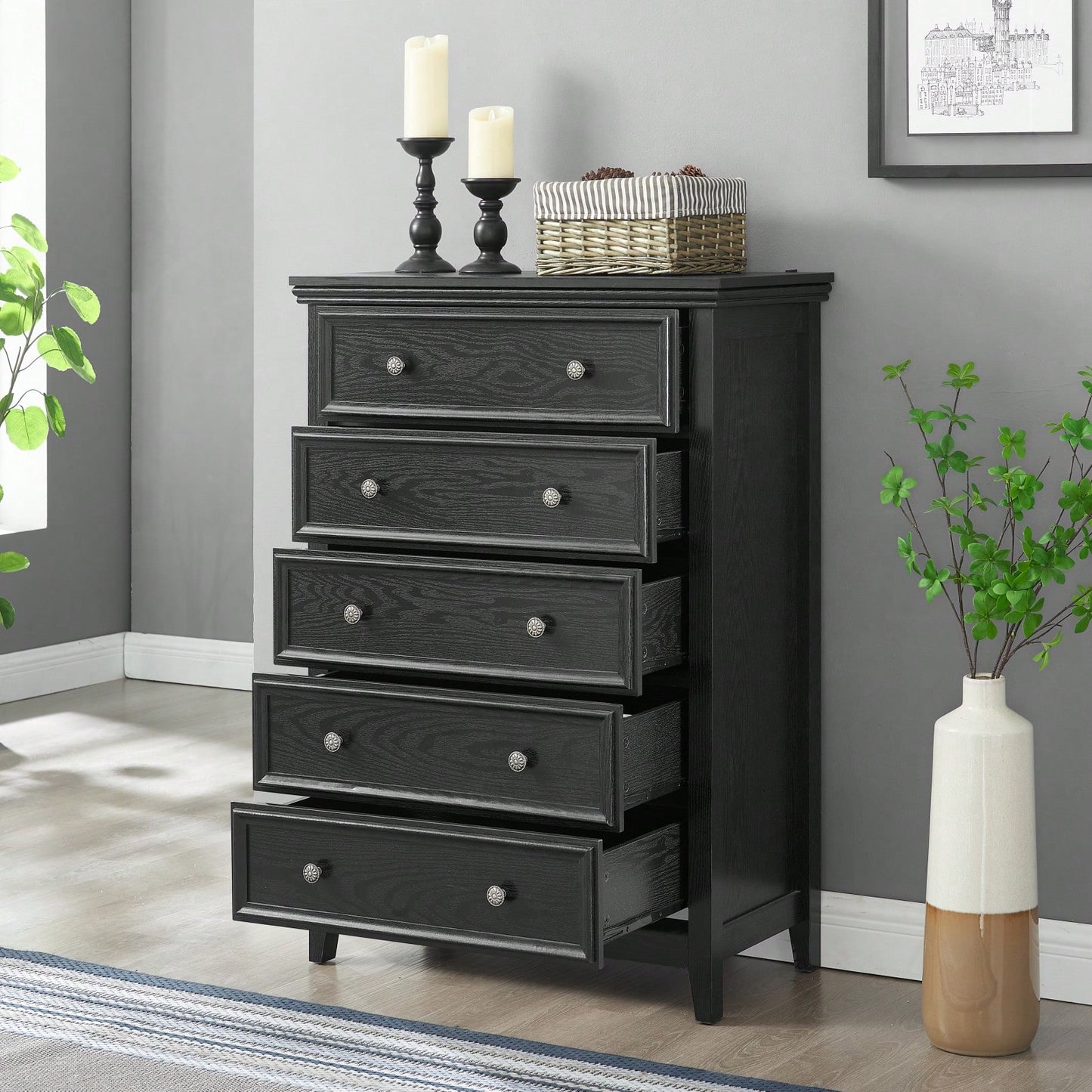 Spacious 5-Drawer Bedroom Dresser with Smooth Glide Metal Slides and Anti-Tip Safety Design for Clothes Storage