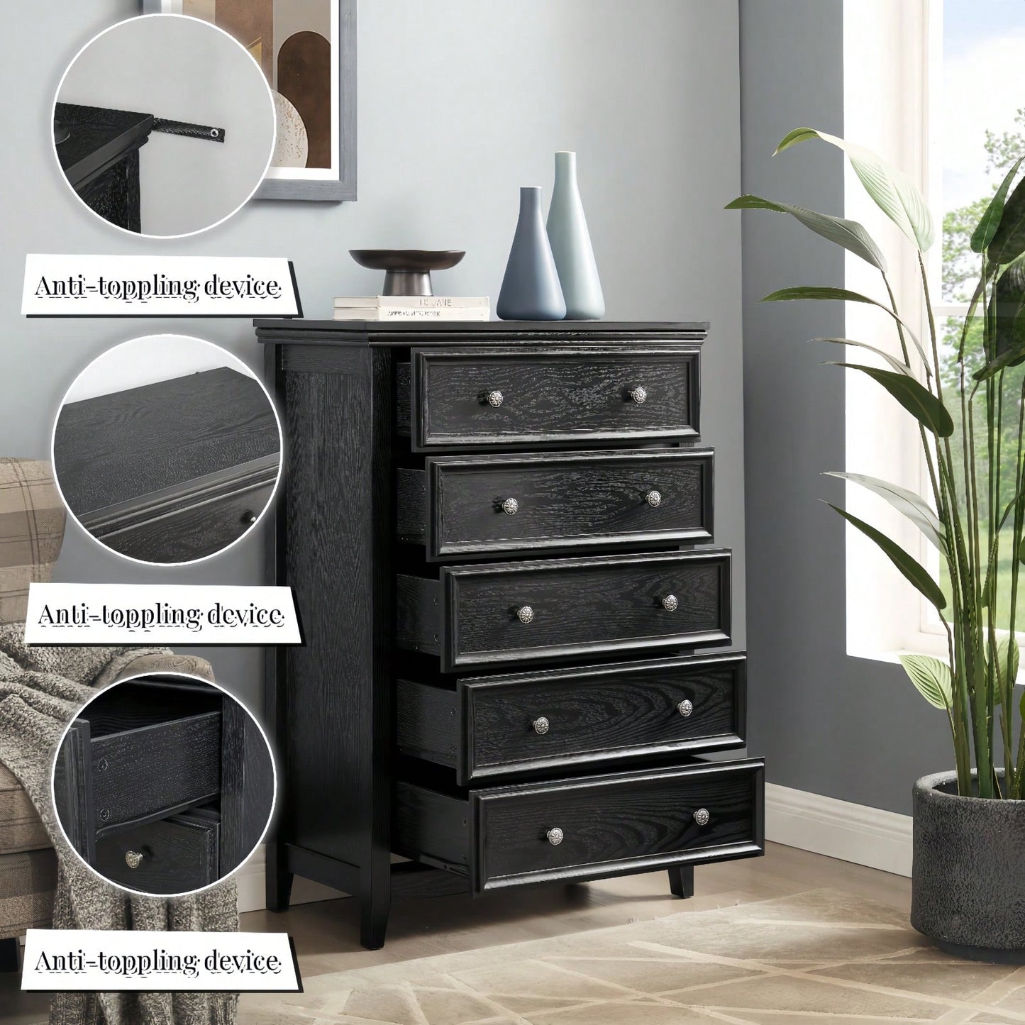 Spacious 5-Drawer Bedroom Dresser with Smooth Glide Metal Slides and Anti-Tip Safety Design for Clothes Storage