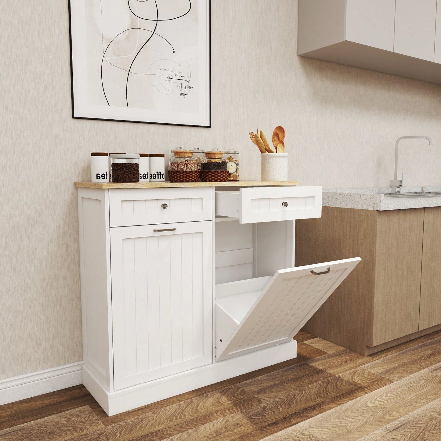 Two-Drawers And Two-Compartment Tilt-Out Trash Cabinet Kitchen Trash Cabinet