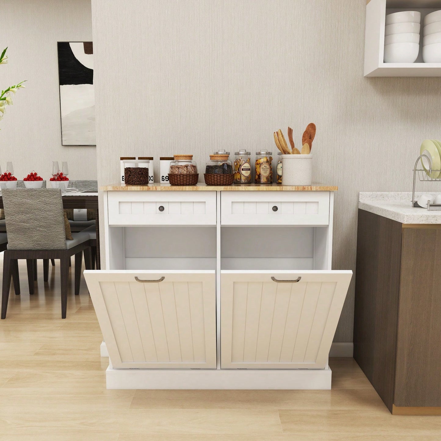 Two-Drawers And Two-Compartment Tilt-Out Trash Cabinet Kitchen Trash Cabinet