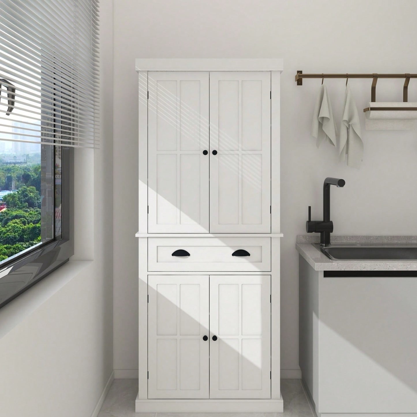 71 Inch Freestanding Kitchen Pantry Cabinet with 4 Doors Drawer and 2 Adjustable Shelves in White Finish for Kitchen Dining Storage