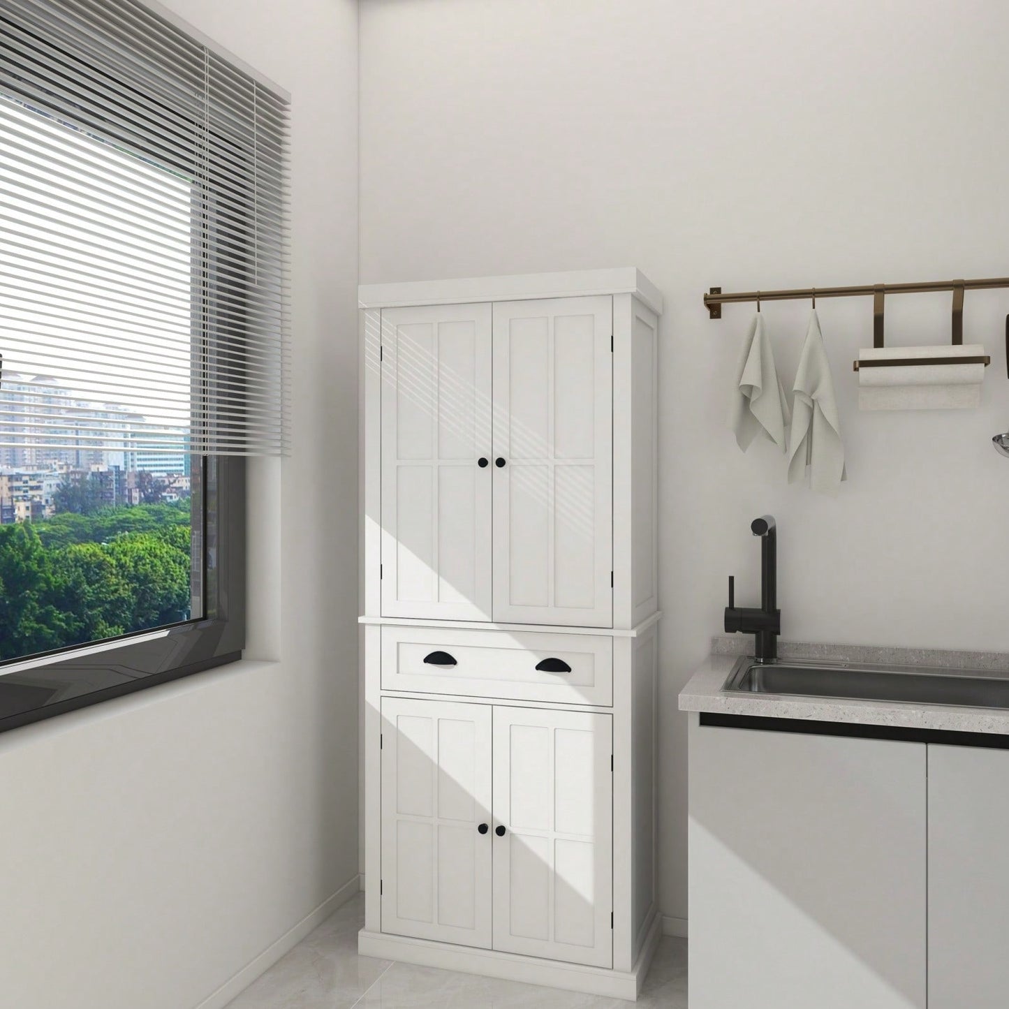 71 Inch Freestanding Kitchen Pantry Cabinet with 4 Doors Drawer and 2 Adjustable Shelves in White Finish for Kitchen Dining Storage